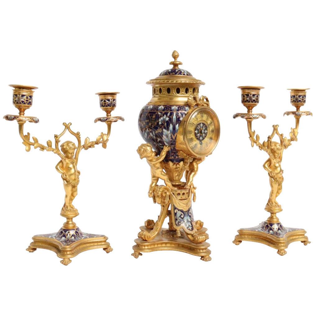 A 19th Century French Ormolu and Cloisonné Enamel Three-Piece Clock Garniture