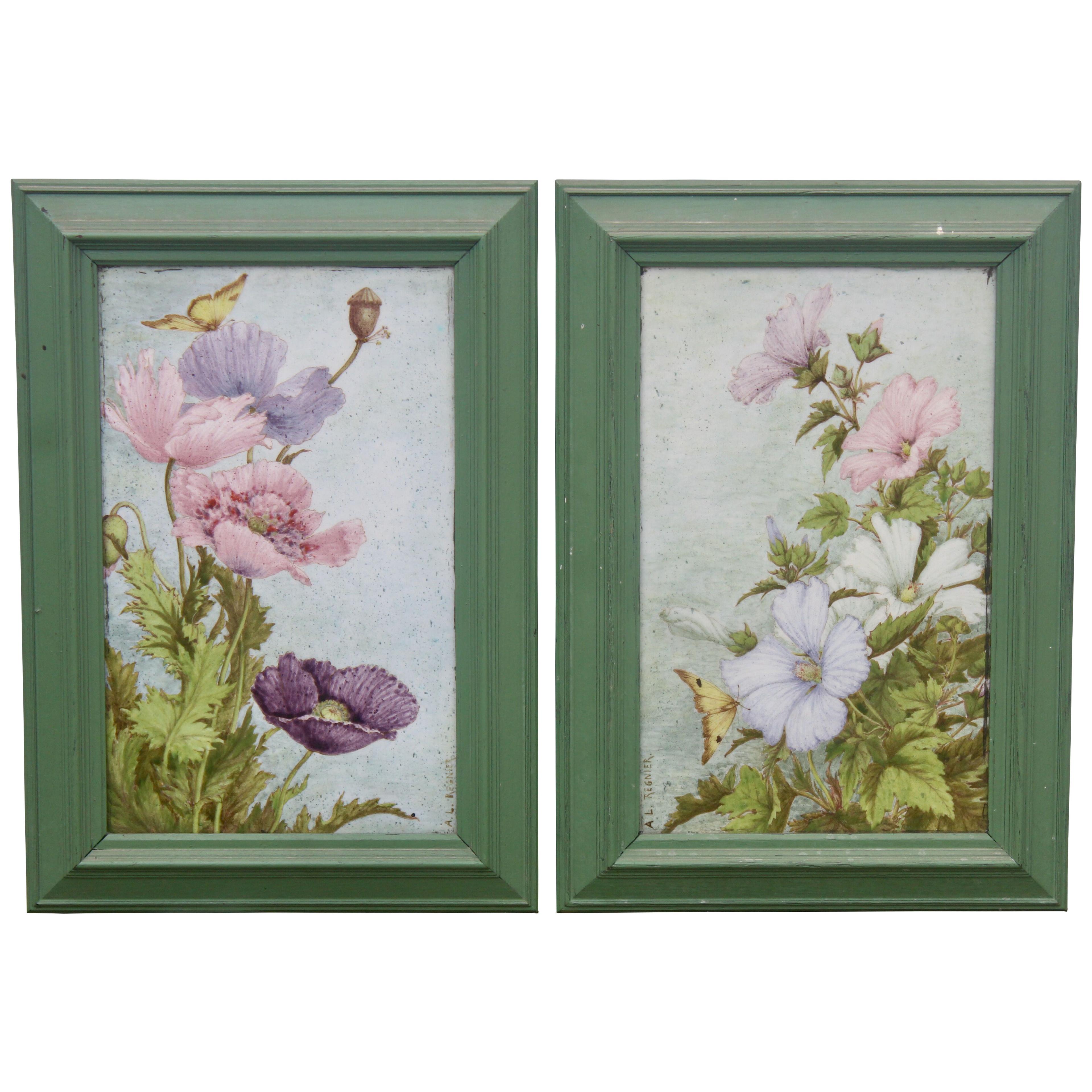 "Pavots" and "Lavateres" a Théodore Deck Pair of Framed Enameled Faïence Plaques
