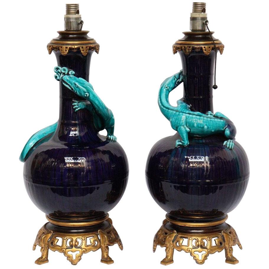 Théodore Deck (1823-1891) A Pair of Lizards Vases Ormolu-Mounted in Lamps