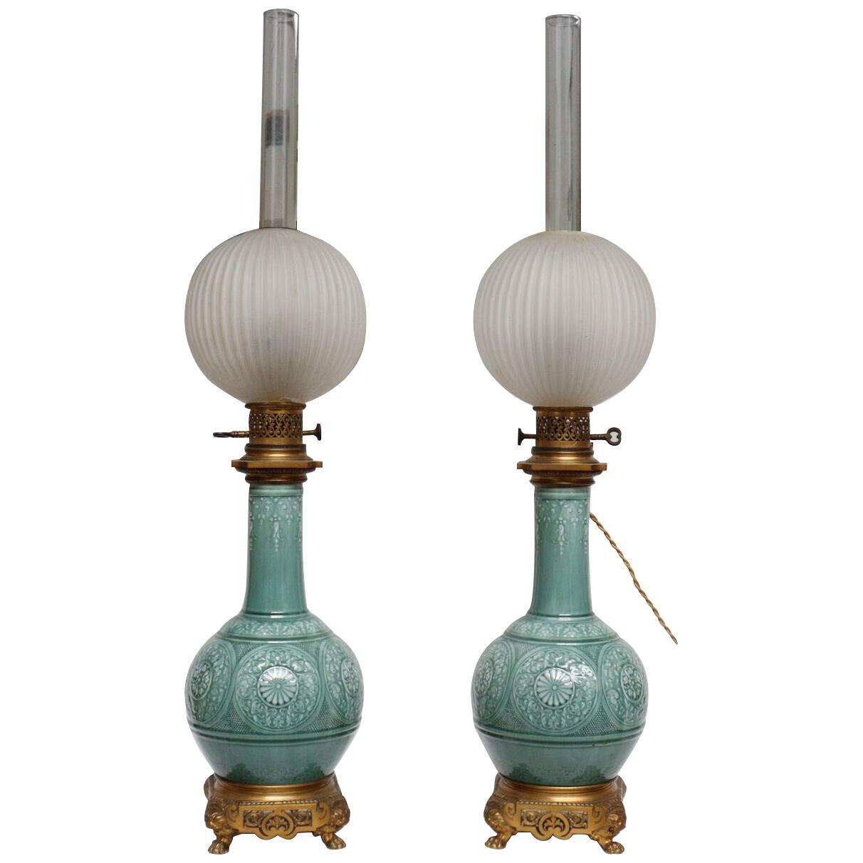 Pair of Théodore Deck Celadon Enamelled Faience Vases Ormolu-Mounted in Lamps 