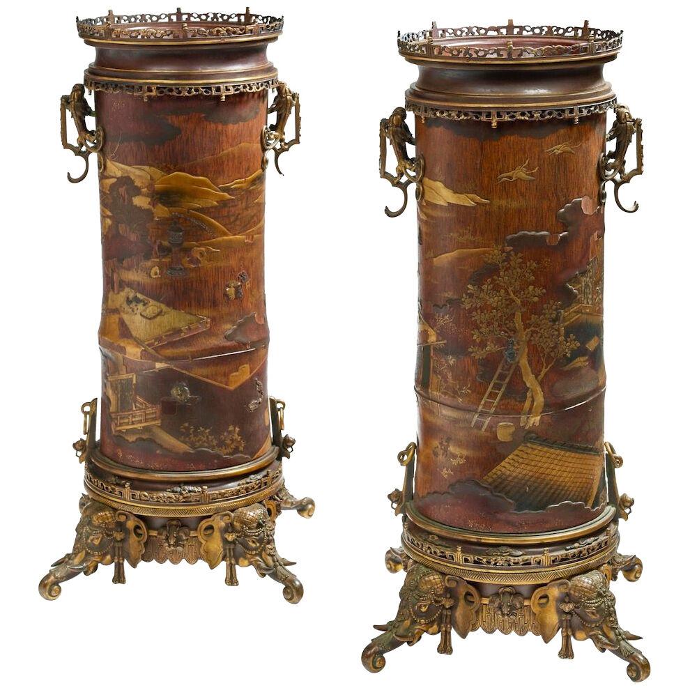 A 19th Century French Pair of Lacquered Bamboos Japonisme Vases  