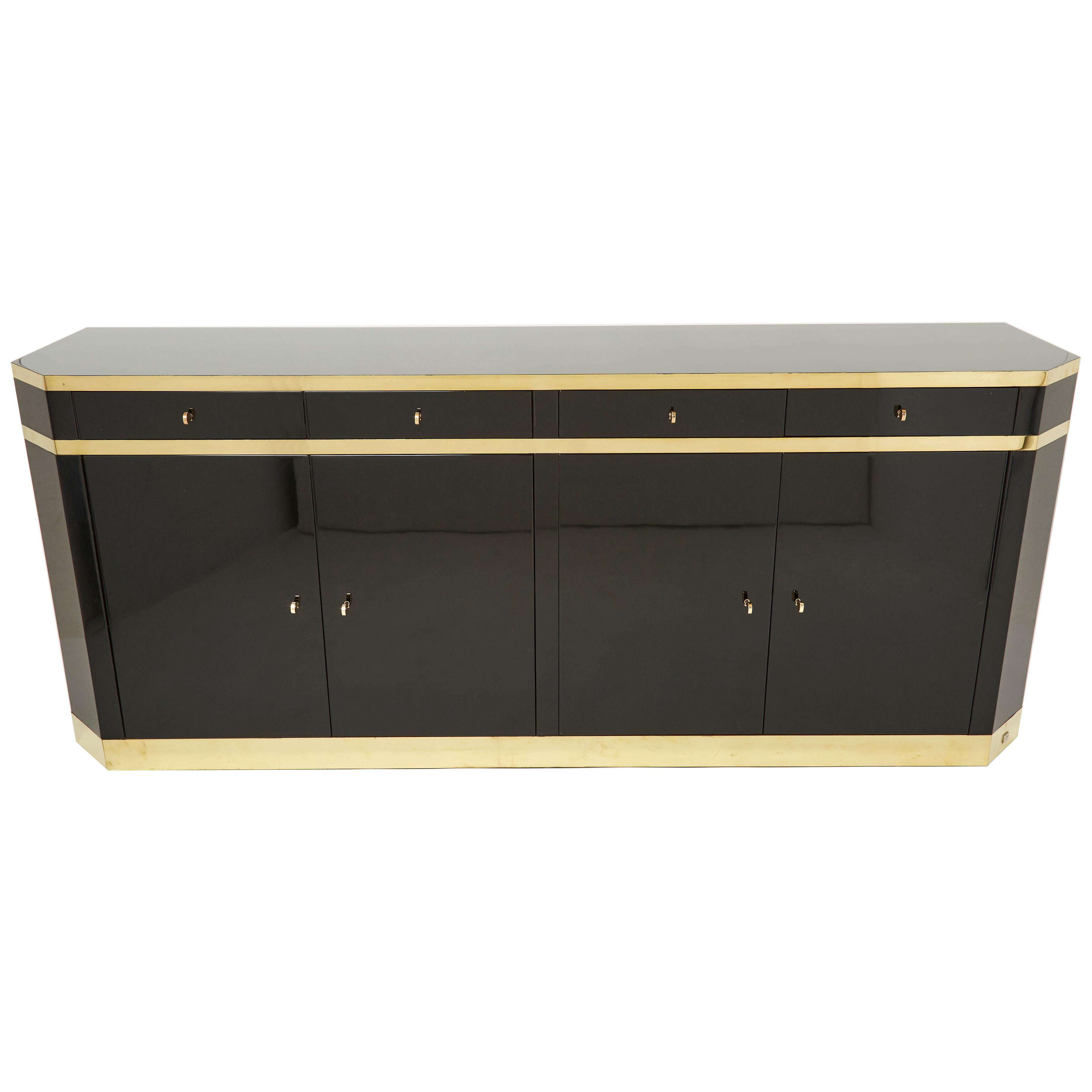 Signed J.C. Mahey brass black lacquered sideboard 1970s