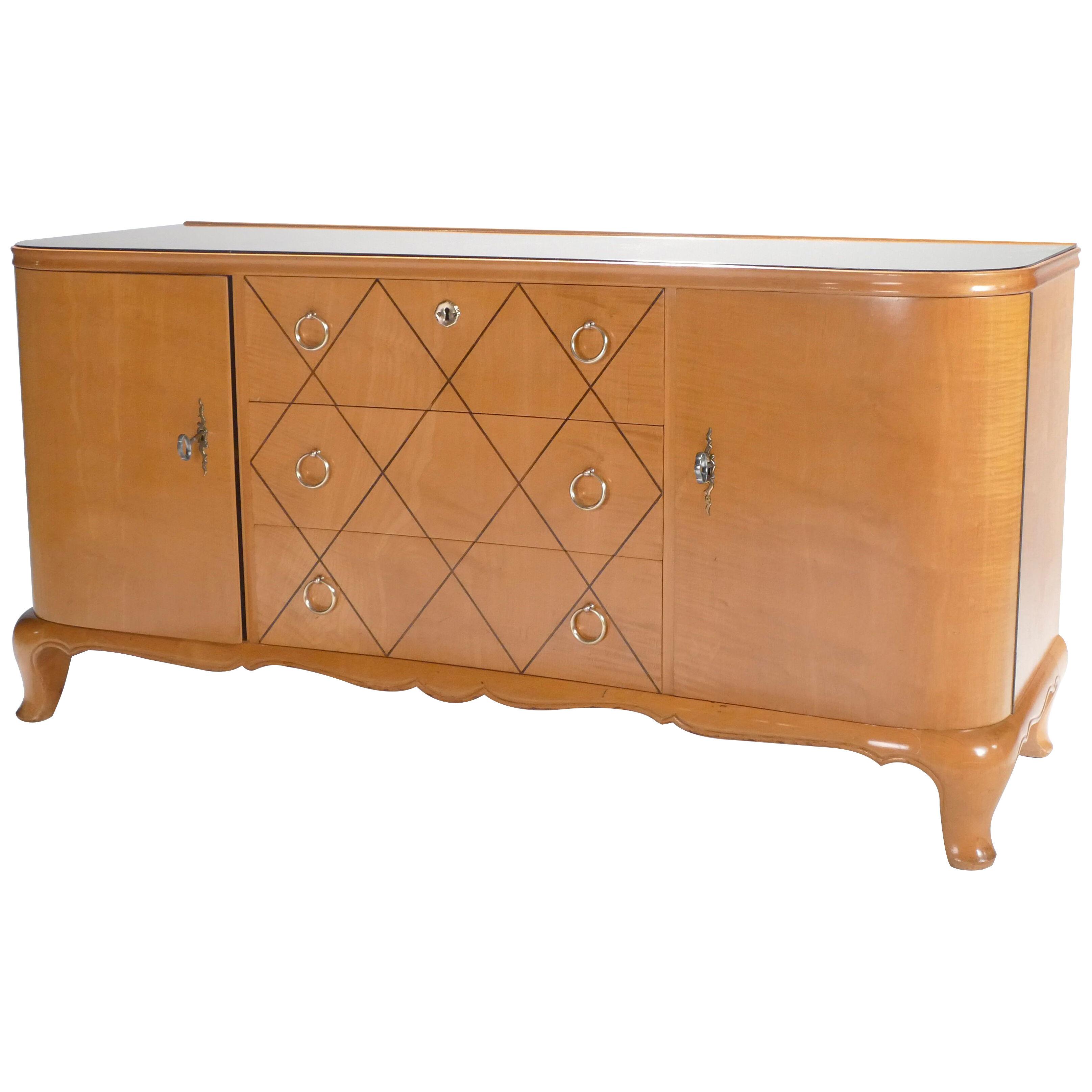 French René Prou Sycamore Mirrored Brass Sideboard Commode, 1950s