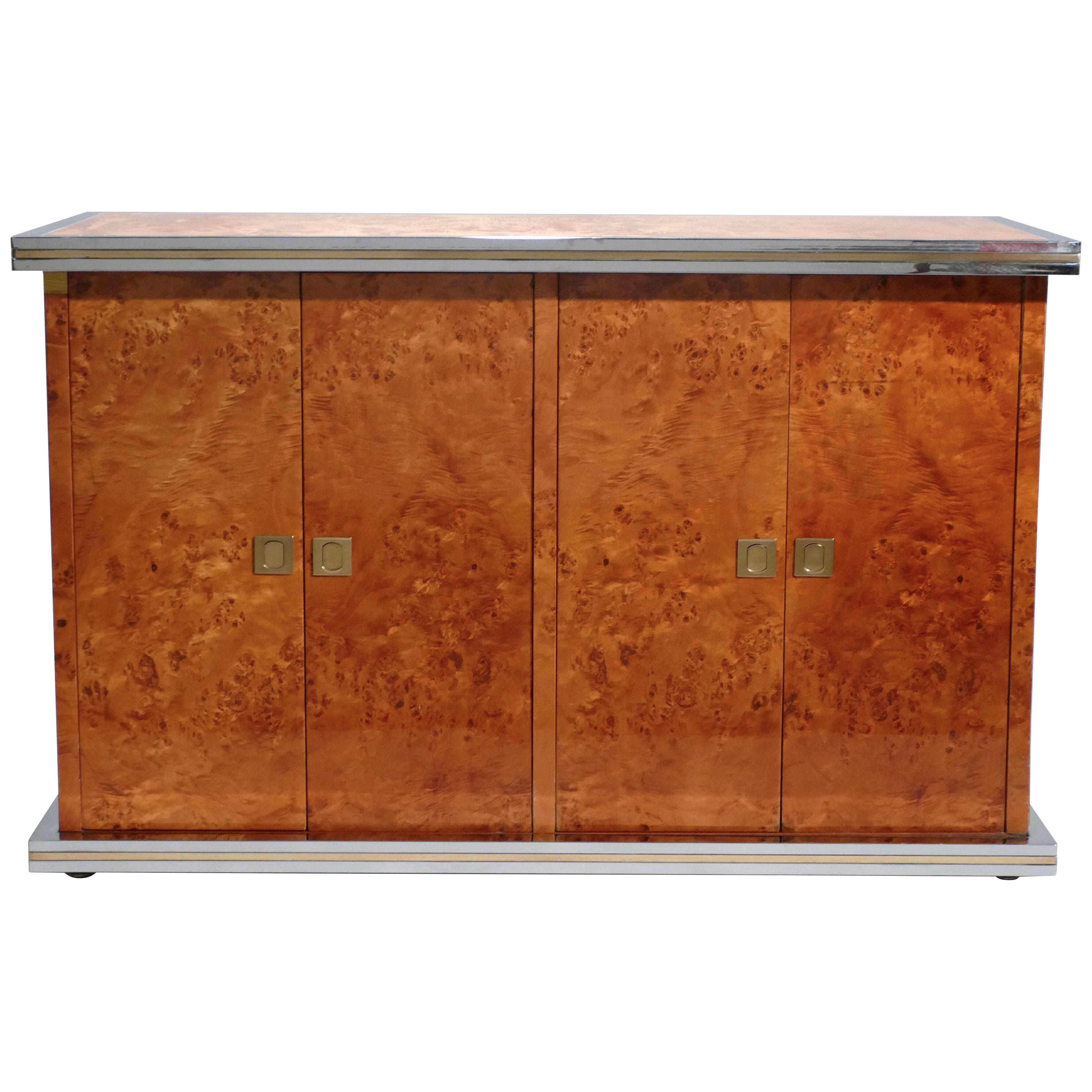 Willy Rizzo Burl Chrome and Brass Small Credenza, 1970s