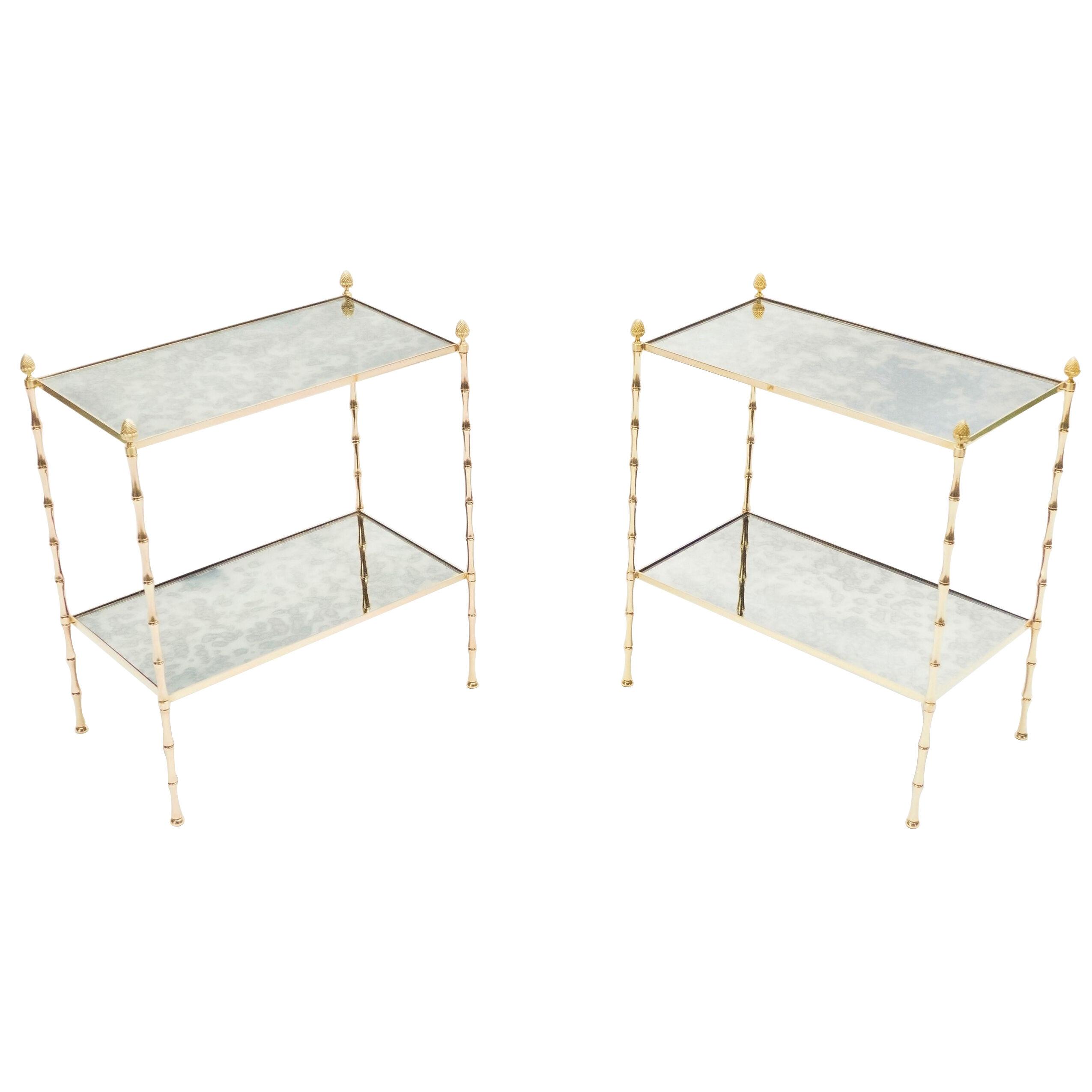Pair of French Maison Baguès Bamboo Brass Mirrored Two-Tier End Tables, 1960s