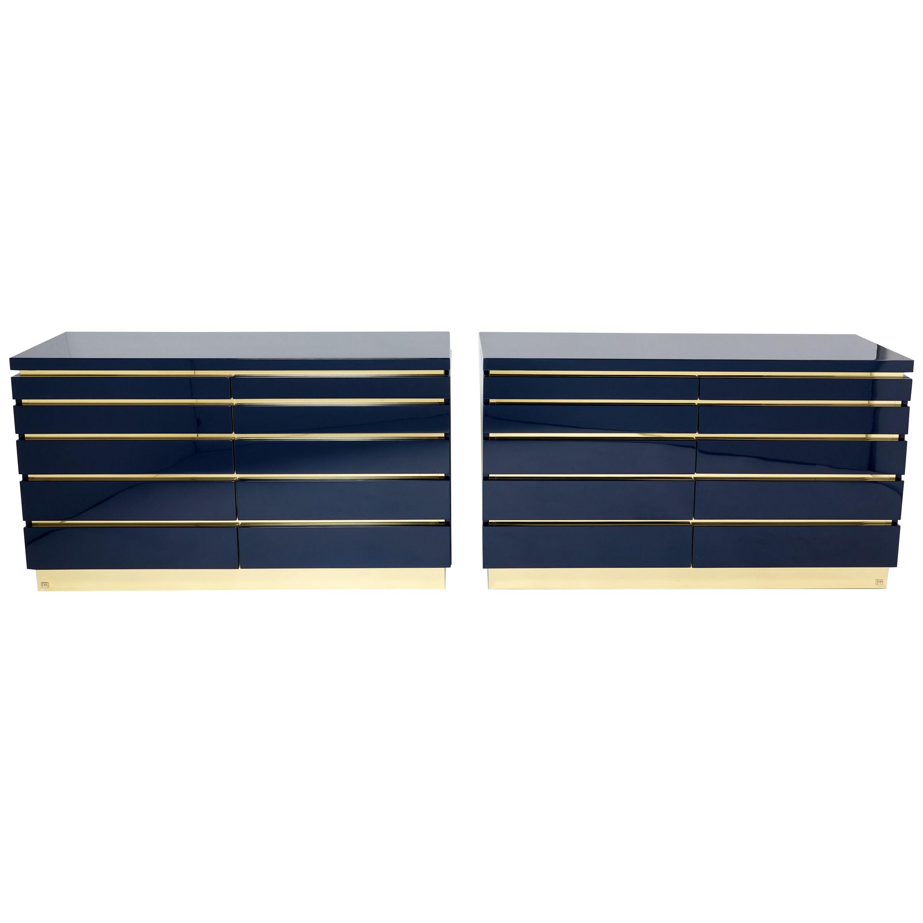 Pair of Jean-Claude Mahey dark blue lacquered brass commodes 1970s