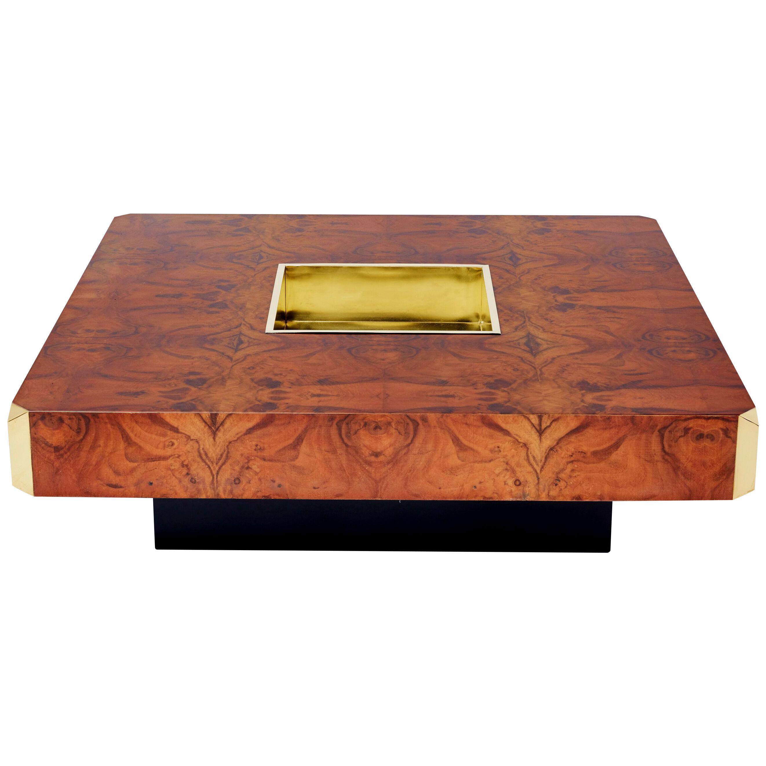 Willy Rizzo burl wood and brass square bar coffee table Alveo 1970s