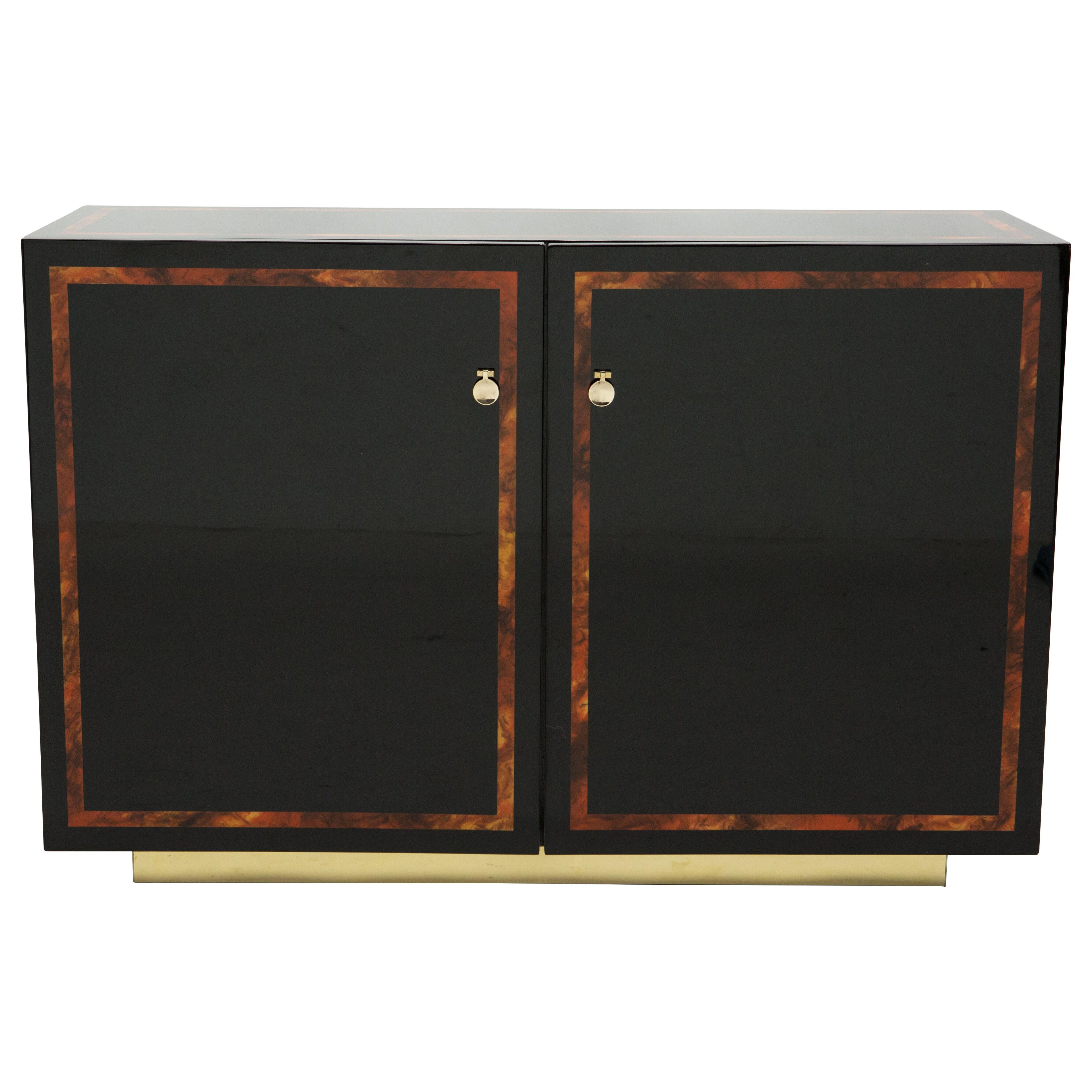 Black Lacquer Burl Wood Brass Cabinet Sideboard by J.C. Mahey, 1970s