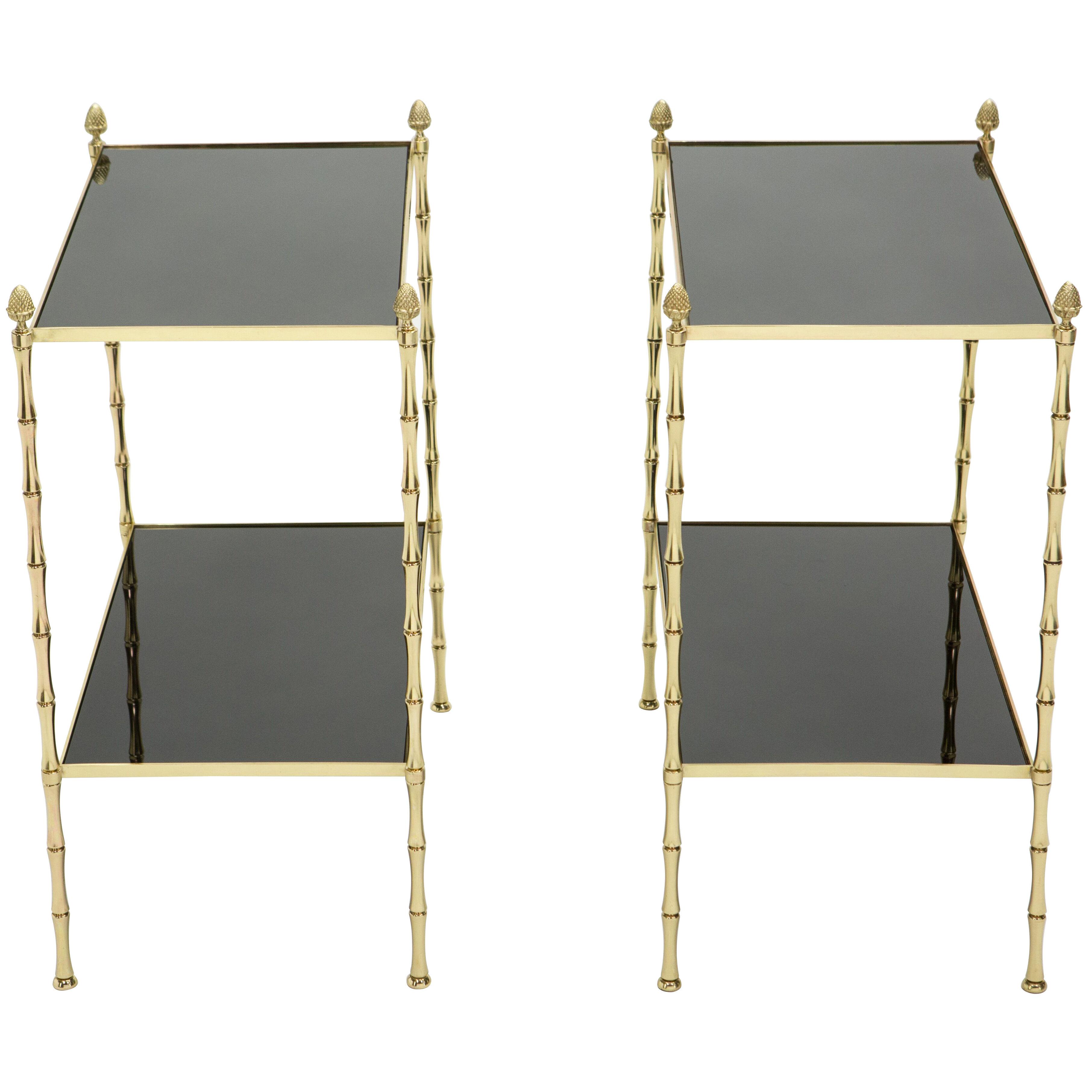 Pair of French Maison Baguès Bamboo Brass Black Top Two-Tier End Tables, 1960s