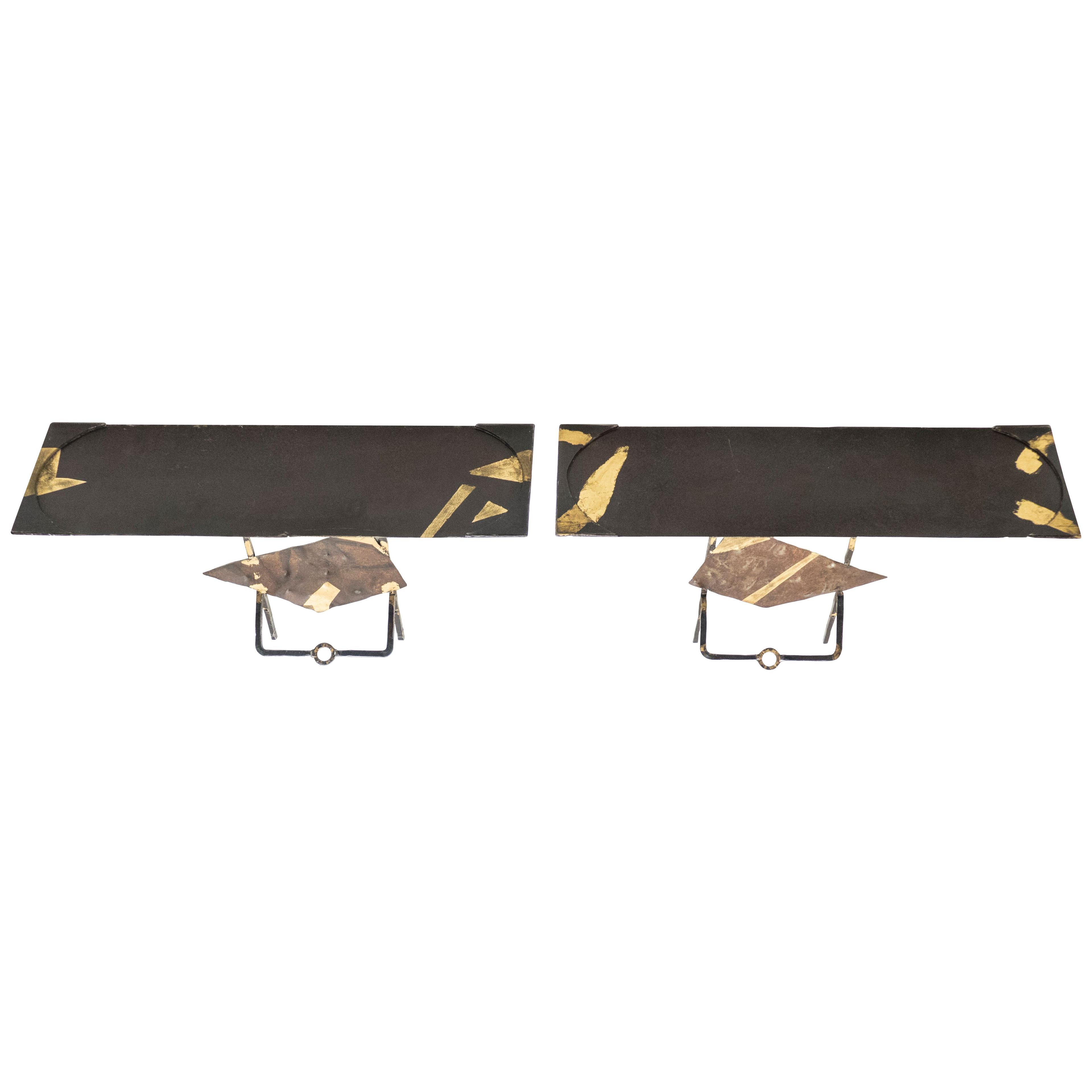 Pair of Jean-Jacques Argueyrolles Console Tables Wrought Iron Gold Leaf, 1990