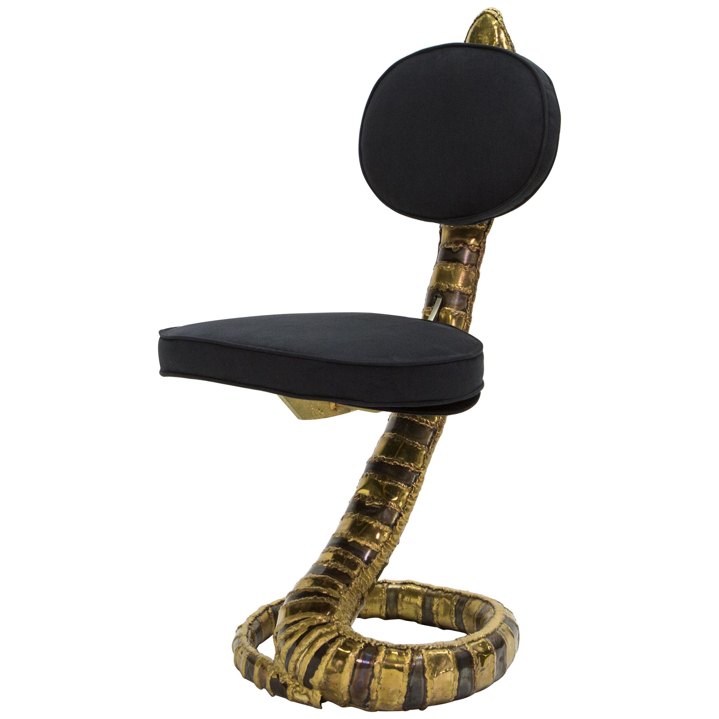 Signed Isabelle Faure Cobra Brass Sculpture Chair Black Alcantara, 1970s