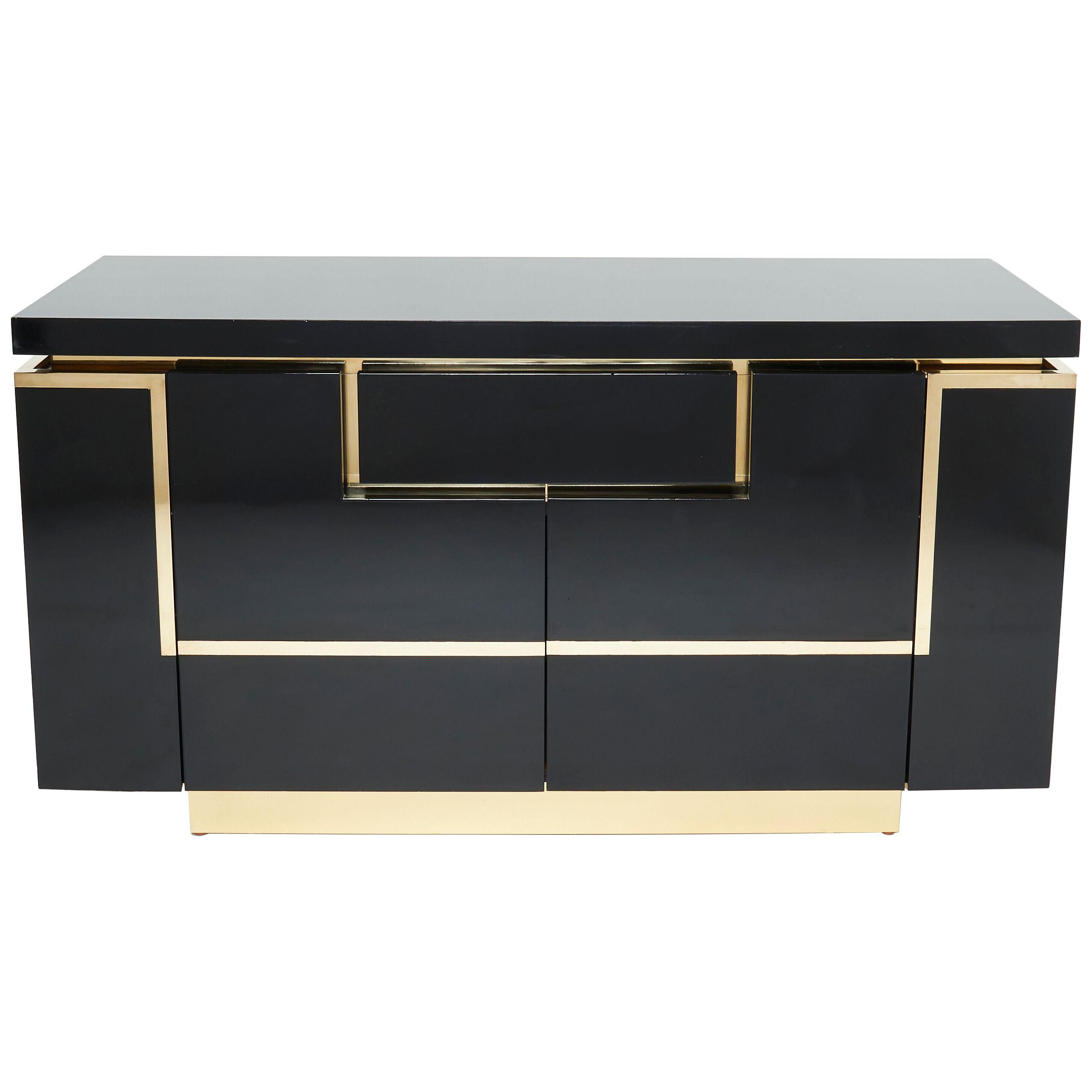 J.C. Mahey brass black lacquered sideboard bar cabinet 1970s