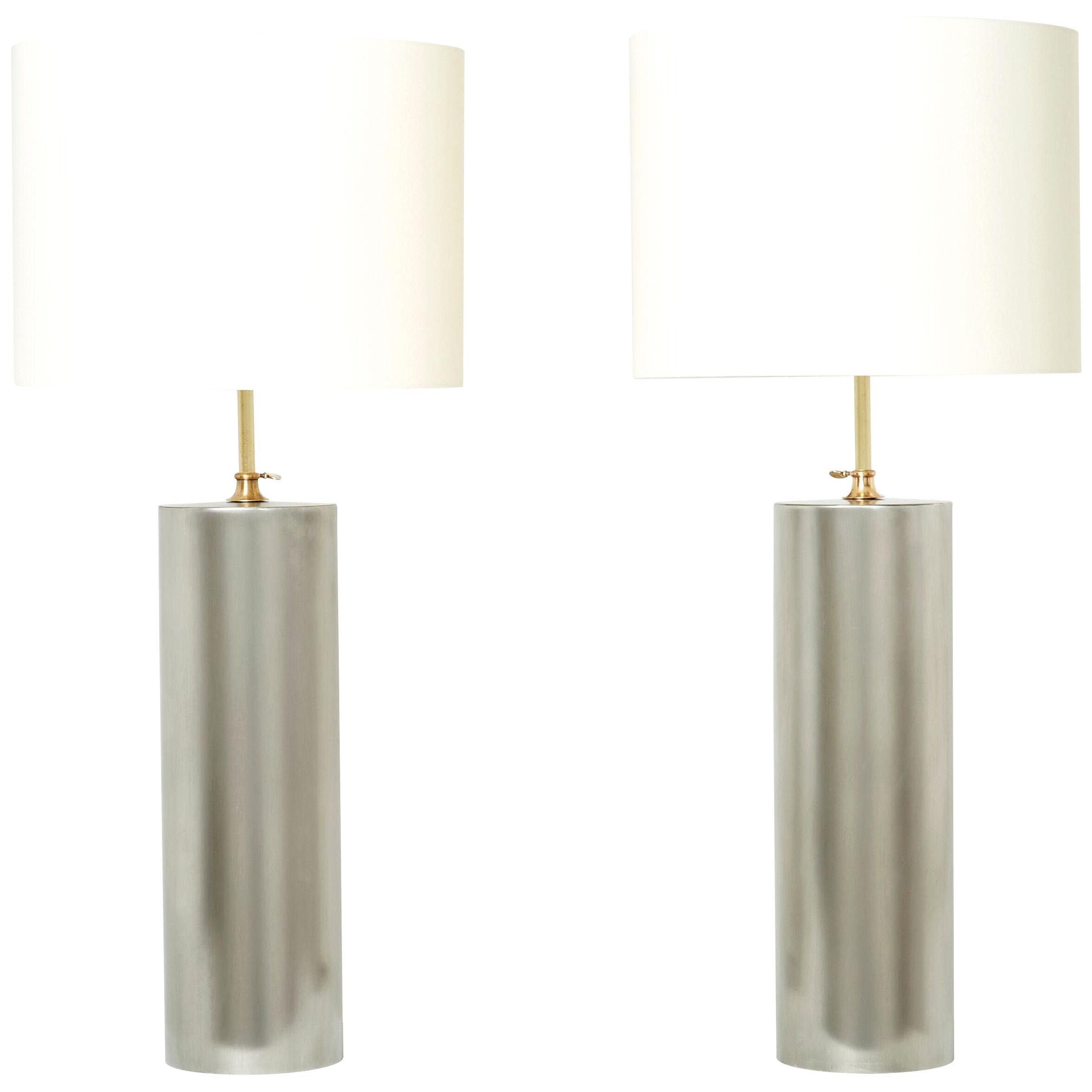 Jacques Quinet pair of modernist brushed steel lamps 1966