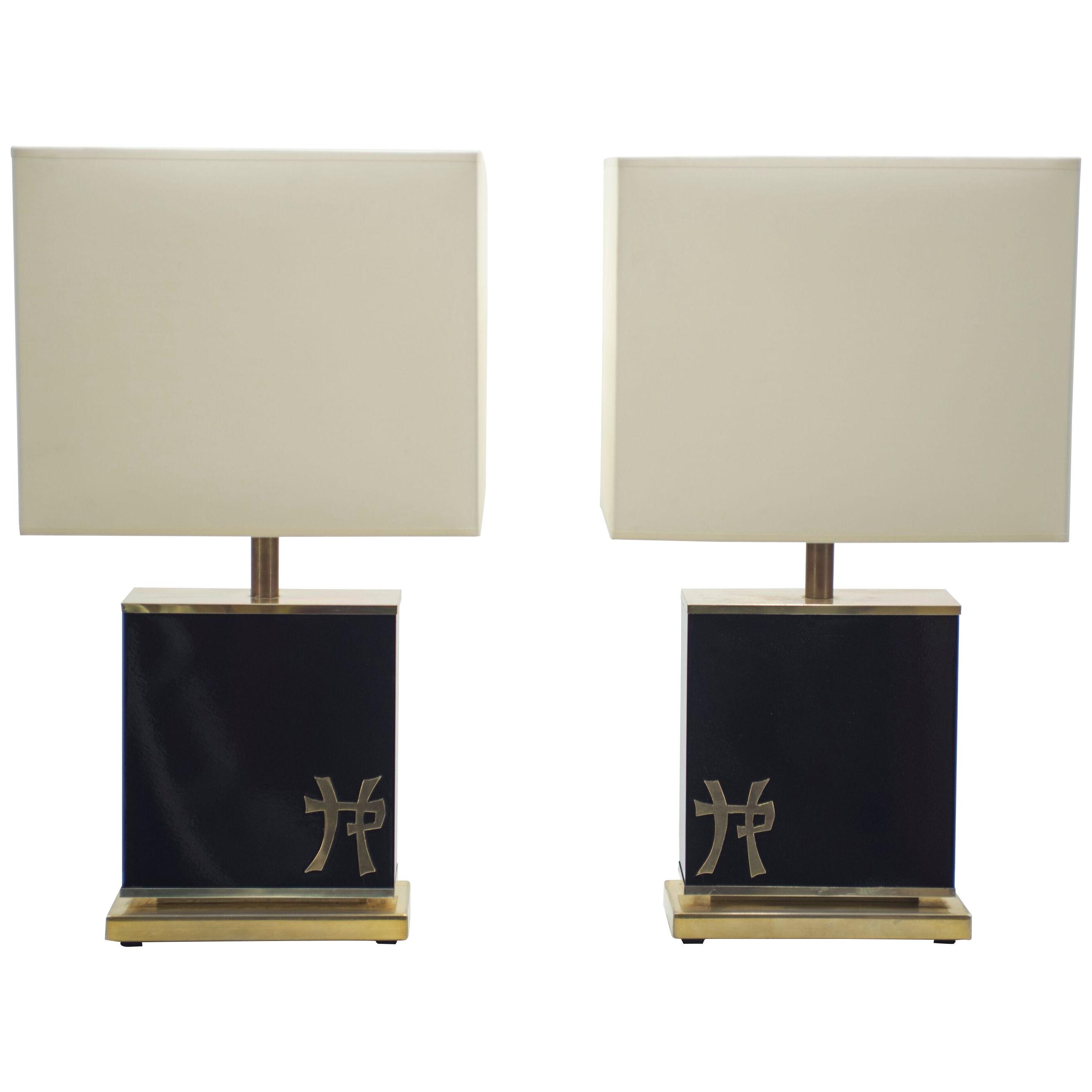 Pair of French J.C. Mahey Black Lacquer and Brass Table Lamps, 1970s