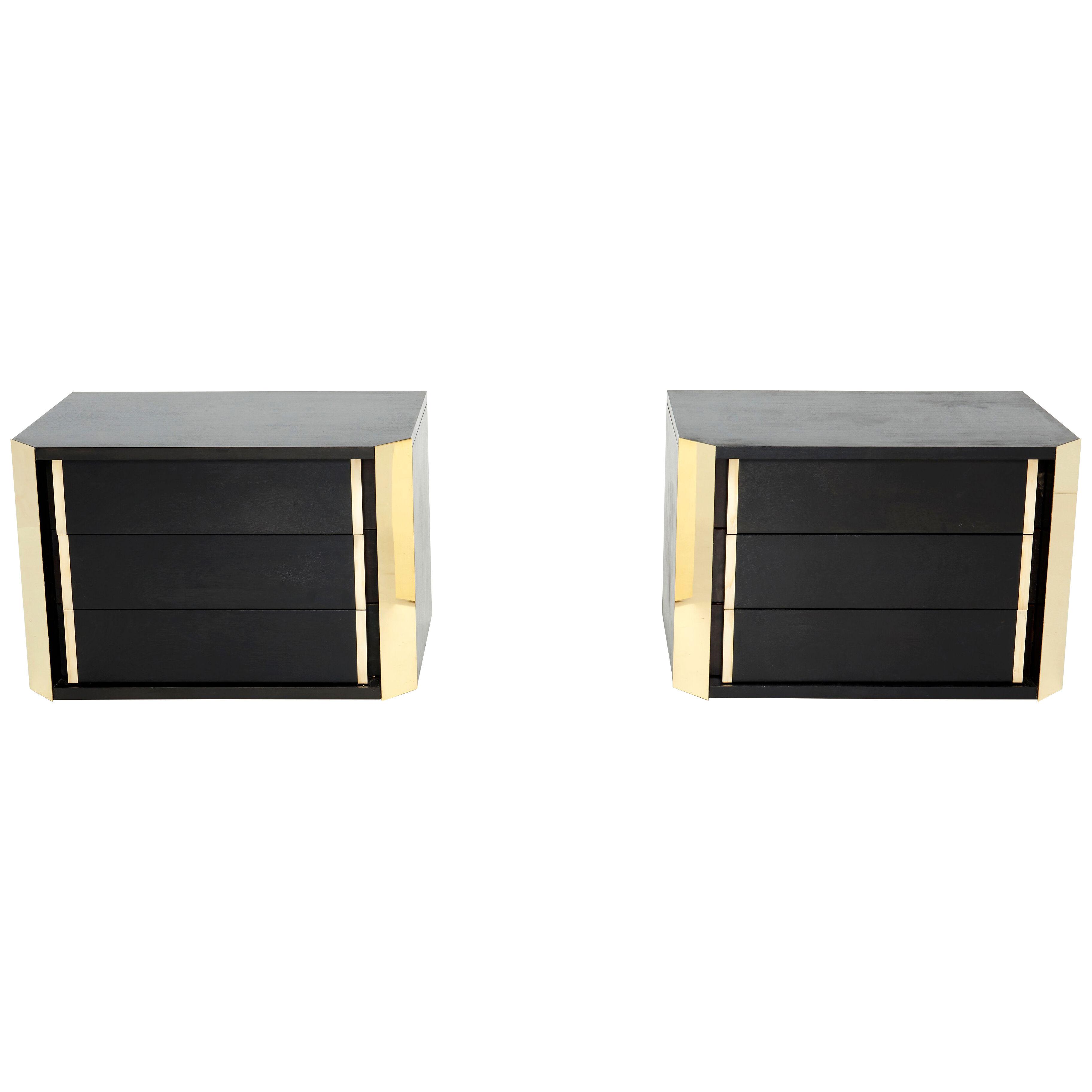 Pair of Italian Night Stands Black Tinted Wood and Brass, 1970s