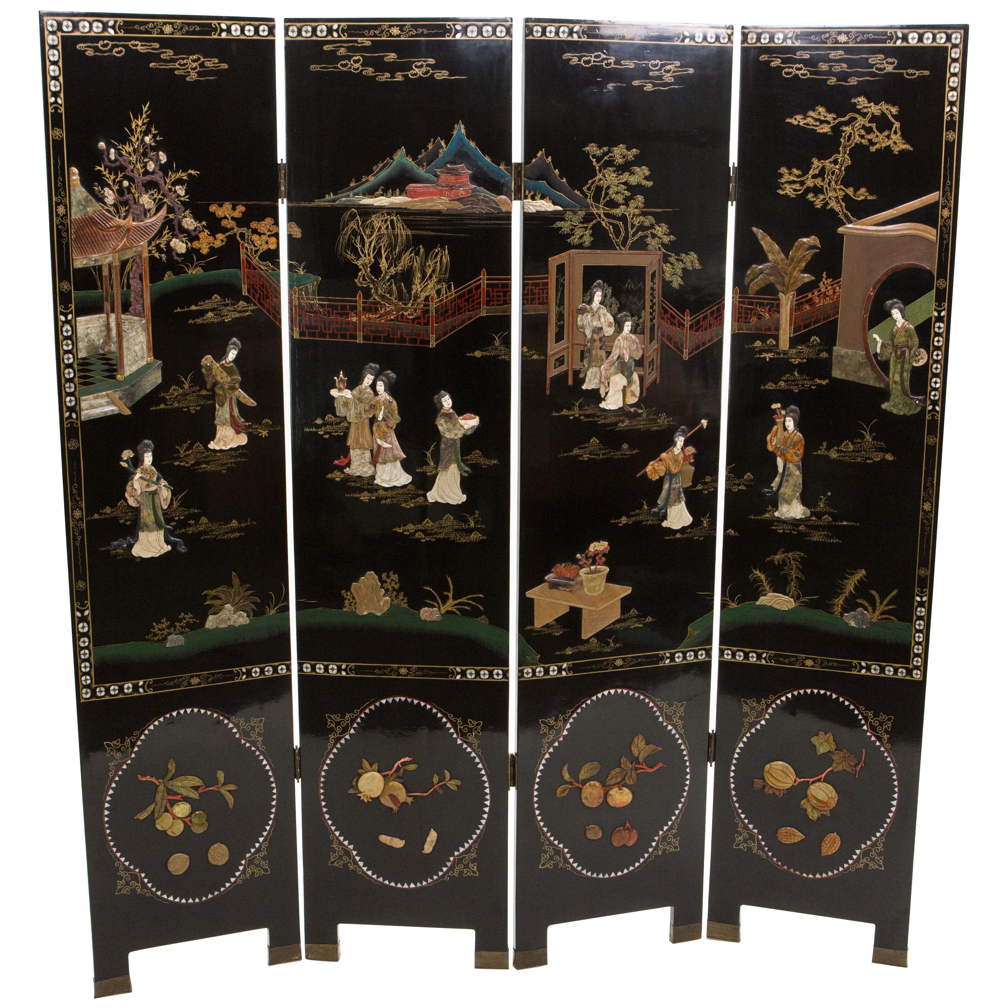Four Panel Chinese Lacquered hardstones scenery screen 1940s