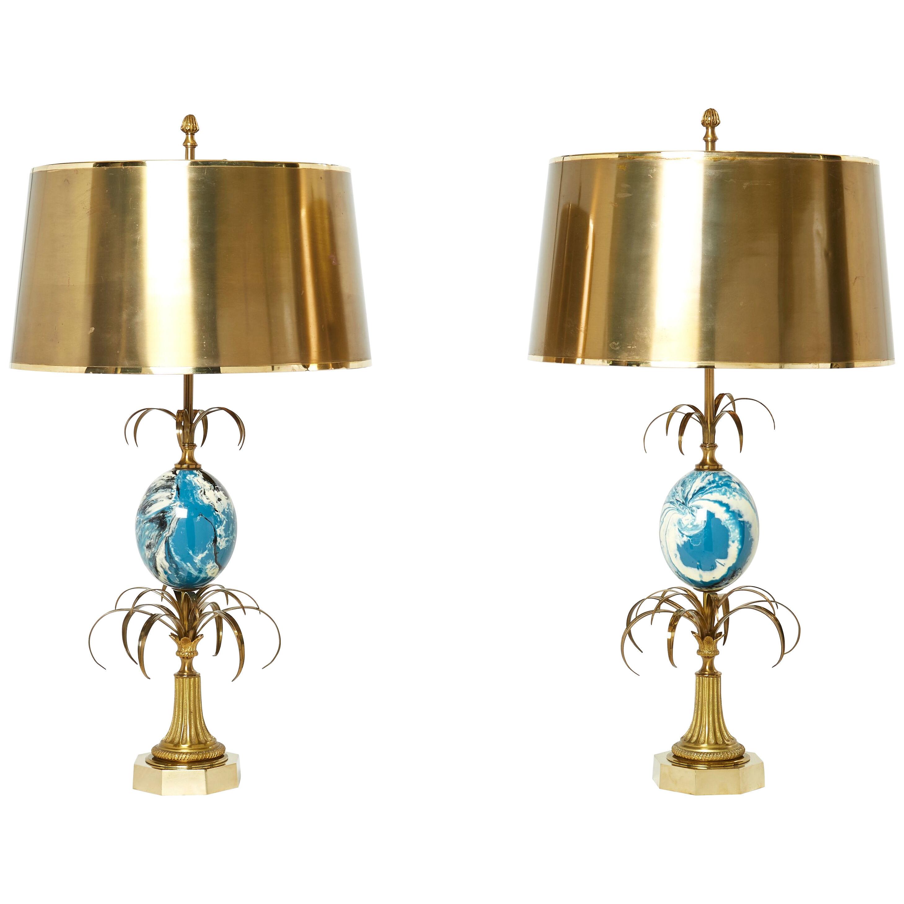  Maison Charles pair of brass lamps blue ostrich egg original shades 1960s