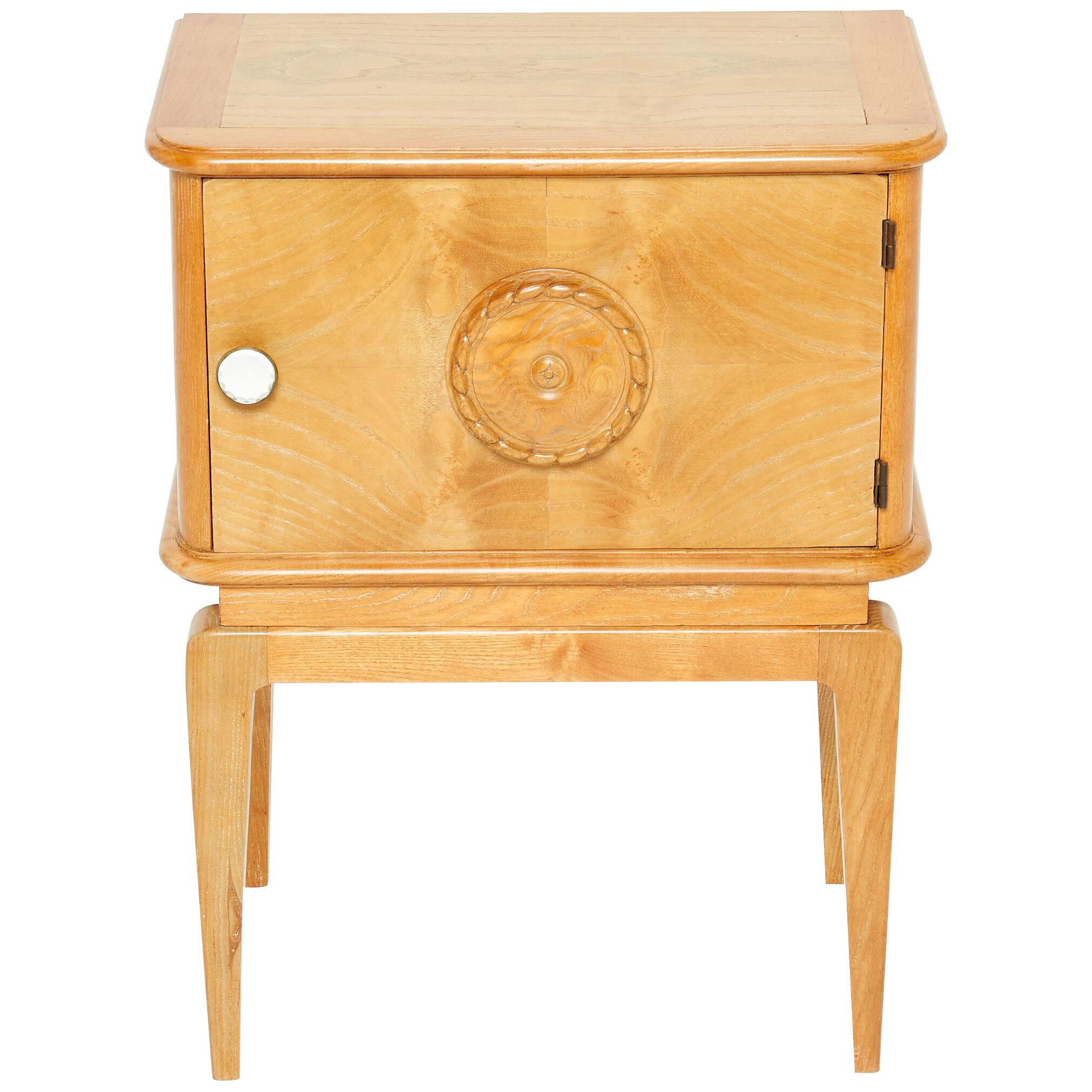 French Art Deco Carved Ash Wood Nightstand, 1940s