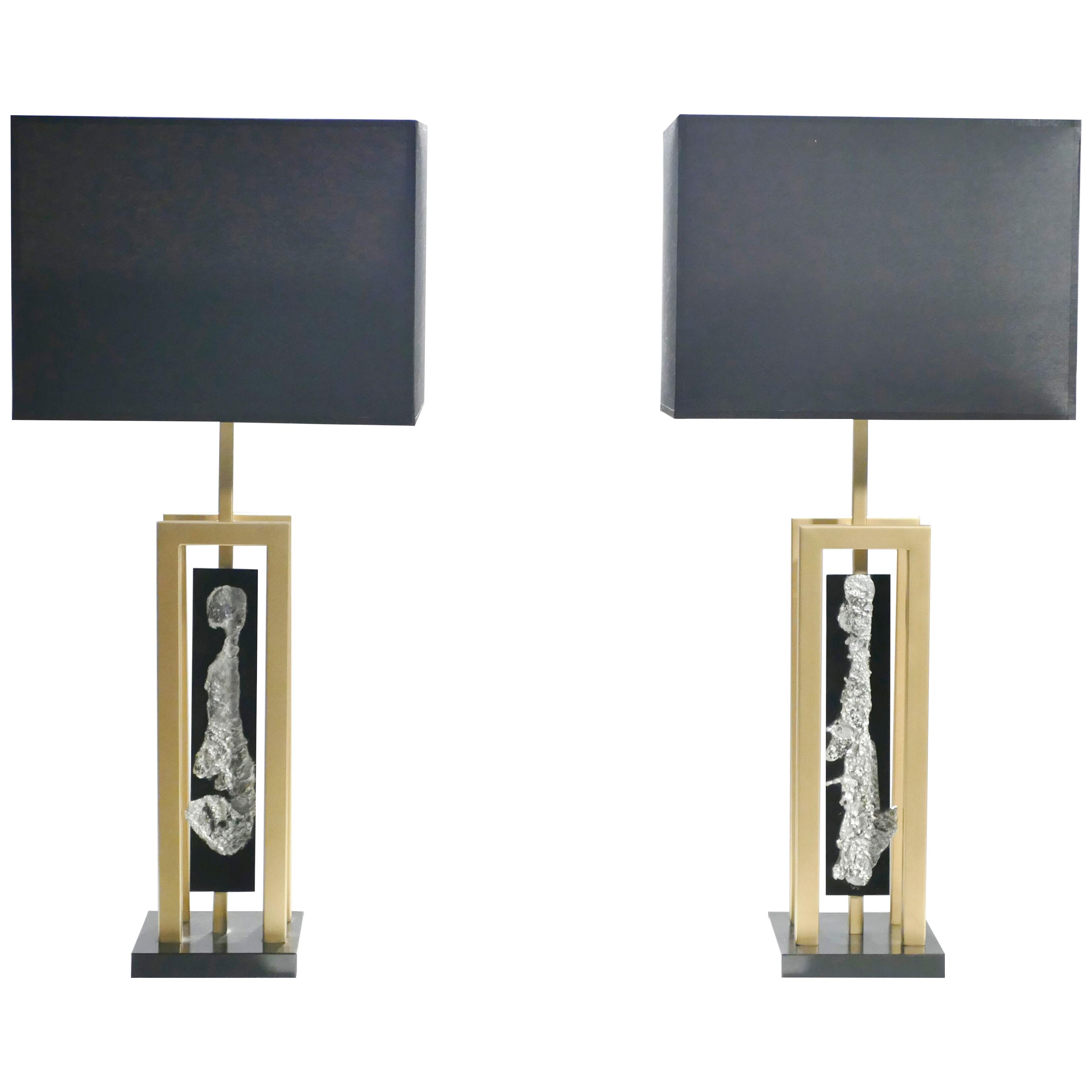 Pair of Large Philippe Cheverny Brass and Nickel Table Lamps, 1970s