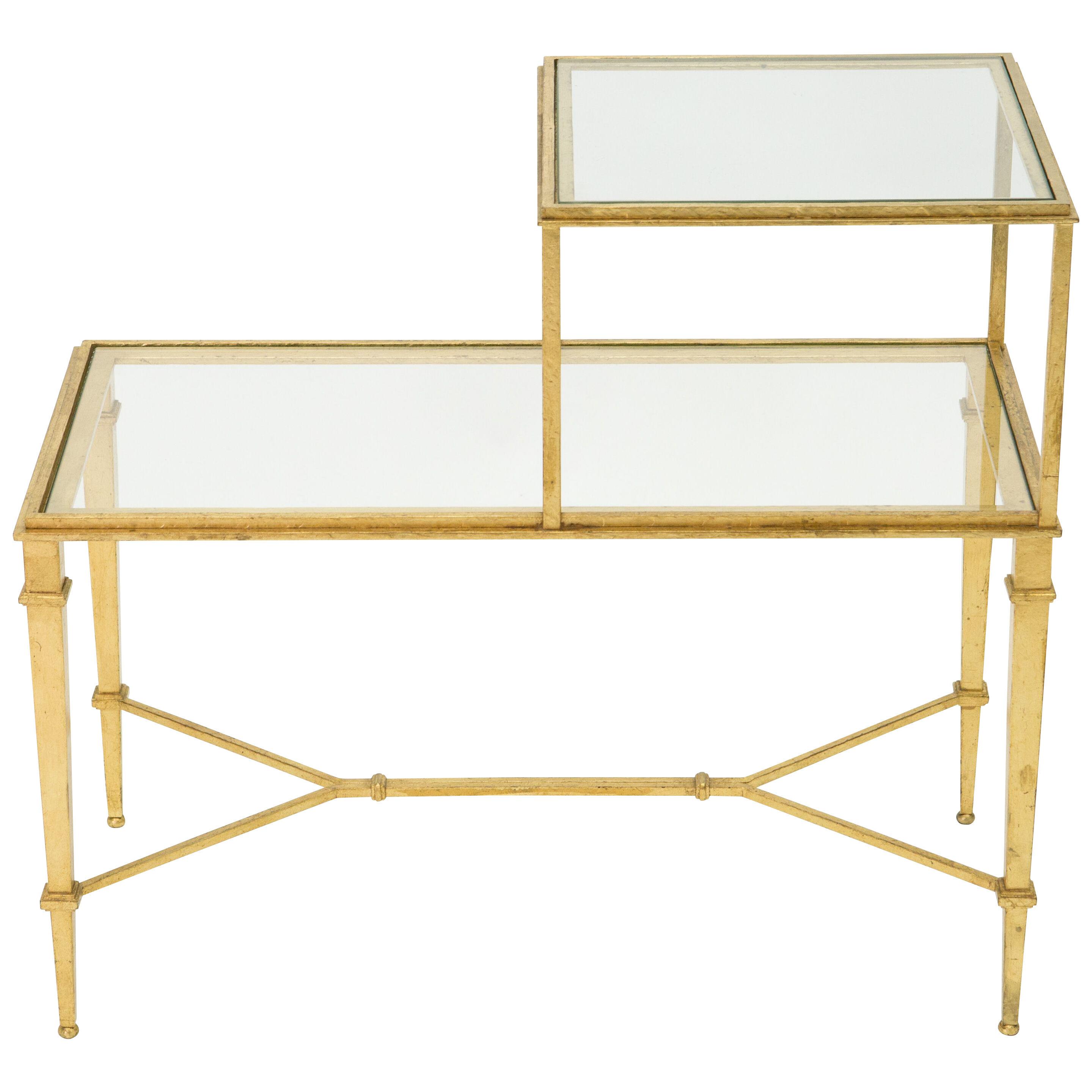 Roger Thibier Gilt Wrought Iron Glass Two-Tier End Table, 1960s