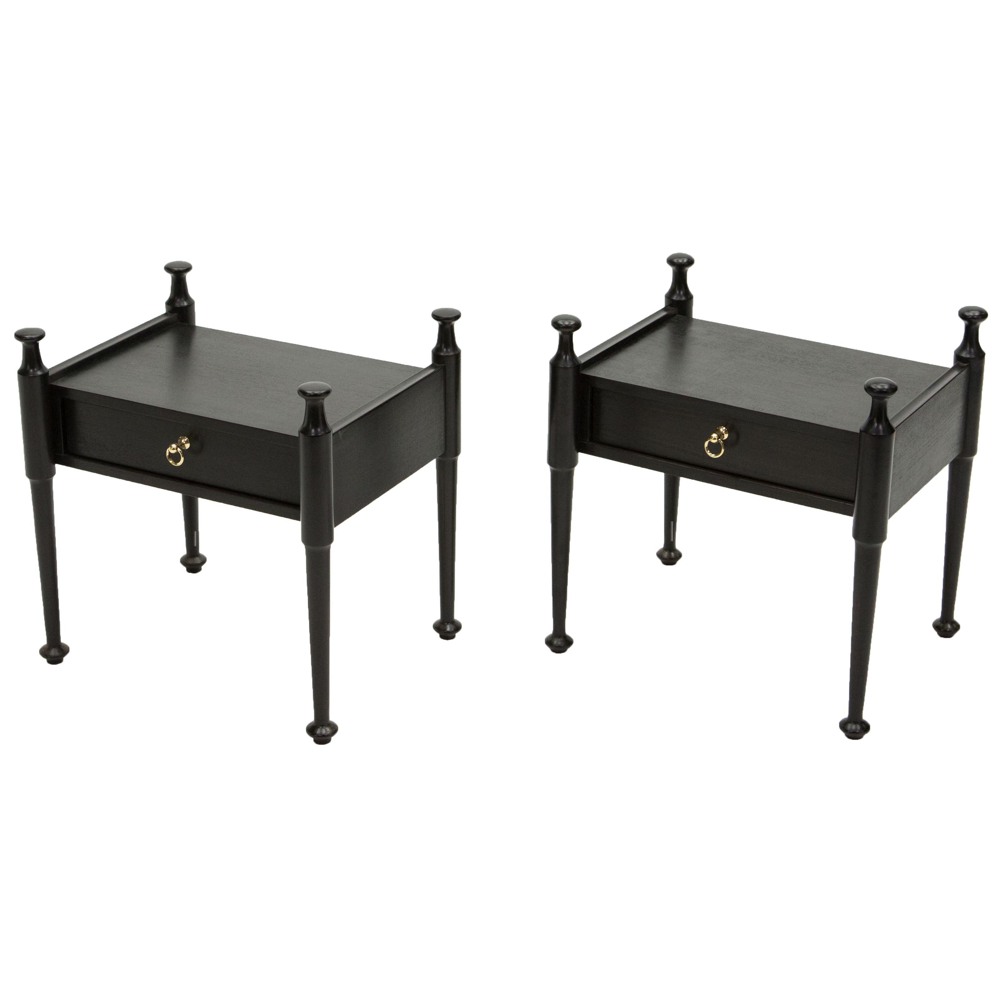 Pair of French Night Stands Black Tinted Wood and Brass, 1970s