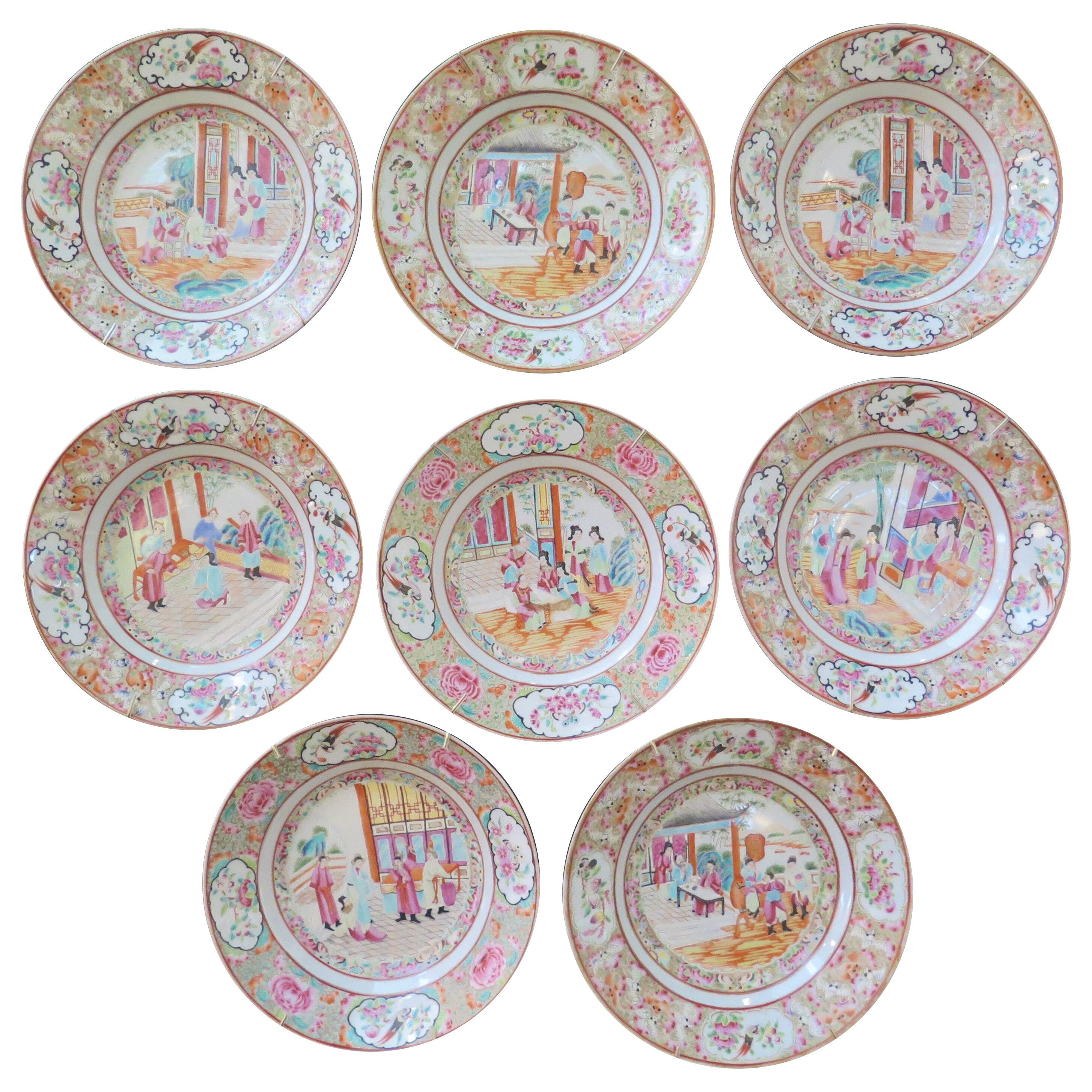 Set of Eight Early 19th Century Chinese Export Porcelain Rose Medallion Plates