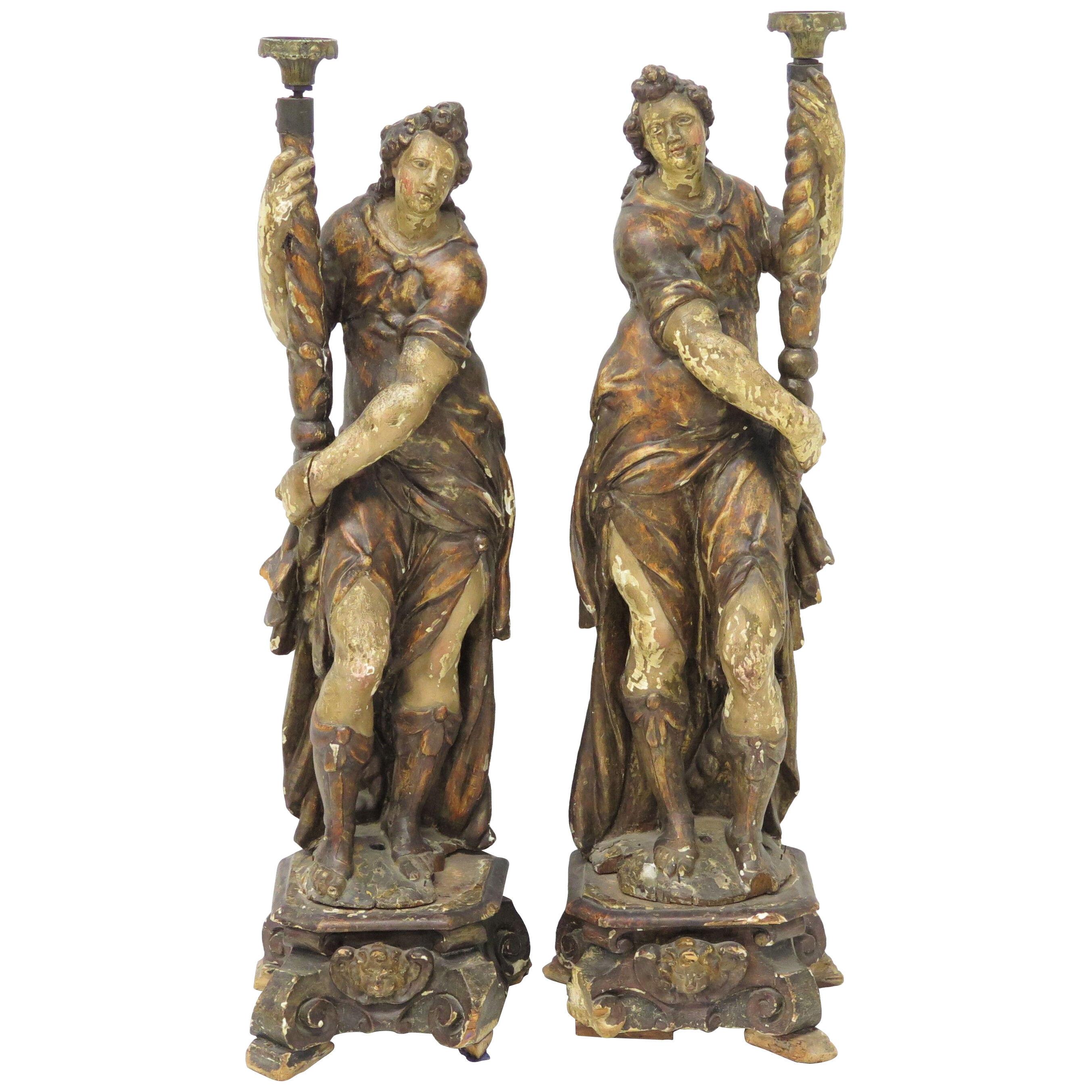 Pair of Italian Figural Angel Candlesticks, Paint and Parcel Gilt