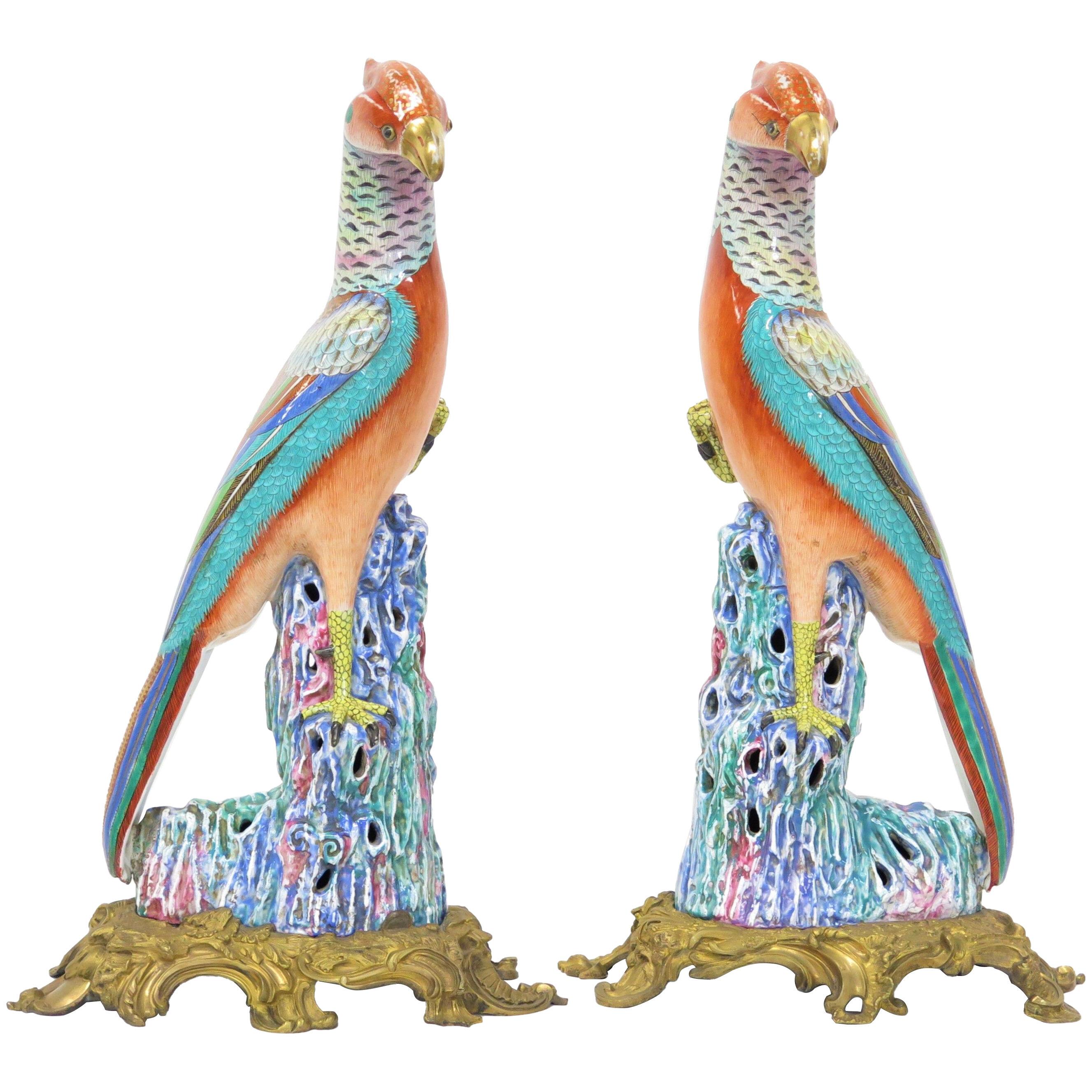 Pair of Chinese Export Style Porcelain Pheasants on French Mounts of Gilt Bronze