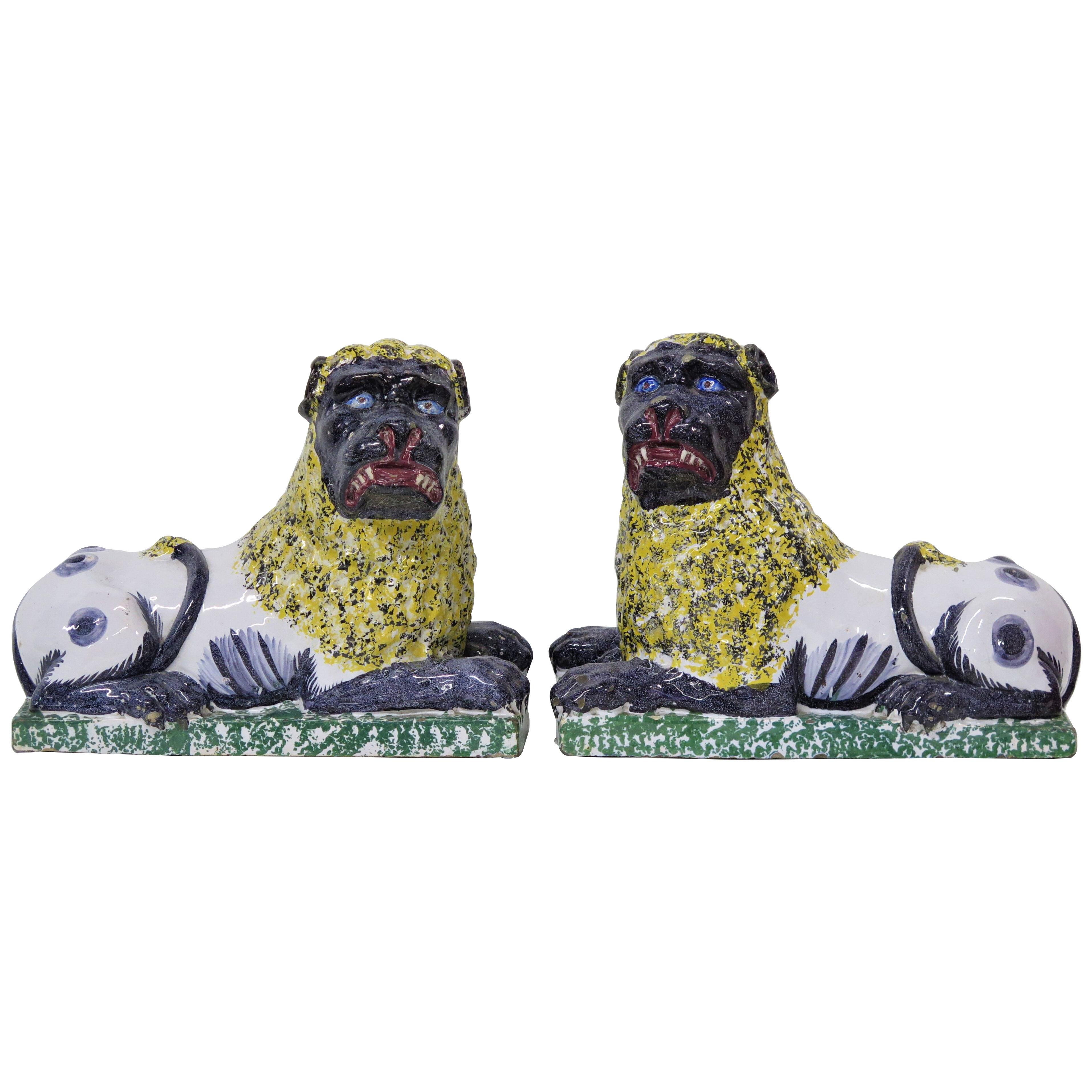 Pair of  Lunéville Faience Recumbent Lions / Early 18th Century France