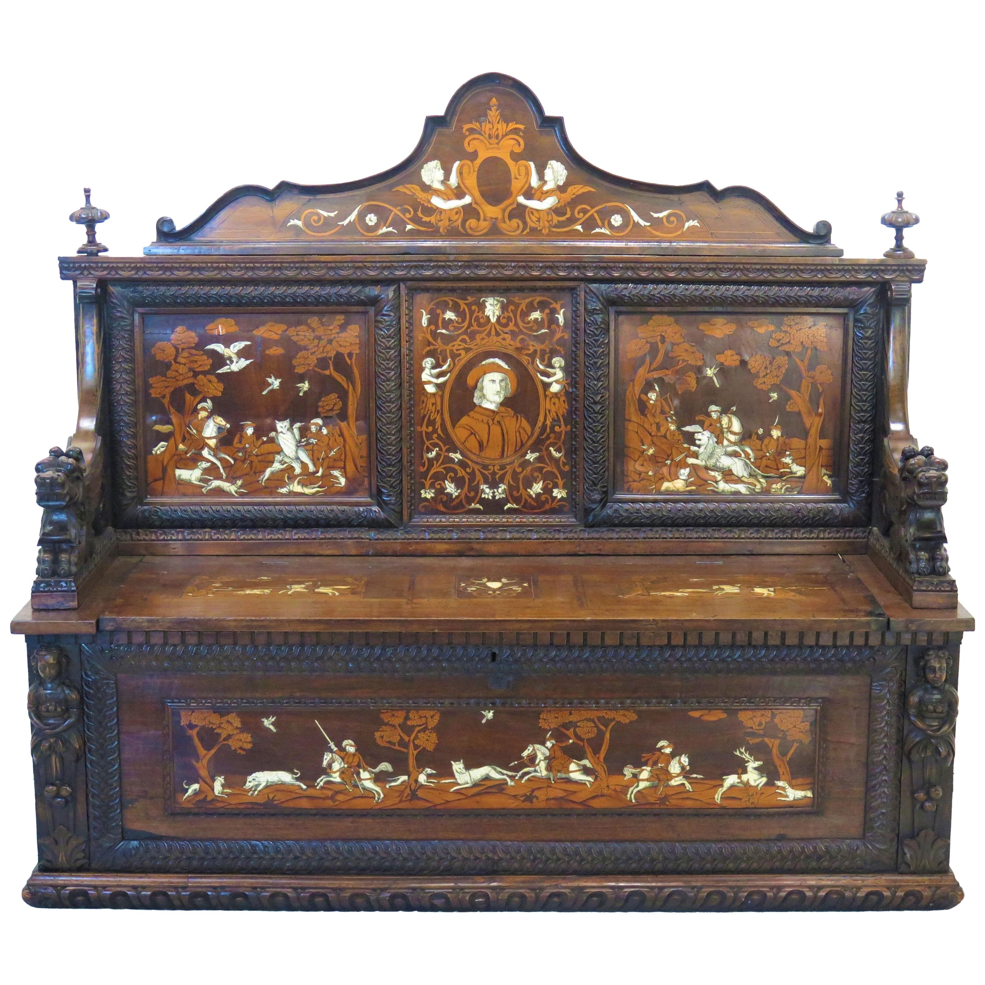 Italian Renaissance-Style Hall Bench with Marquetry Hunting Scenes