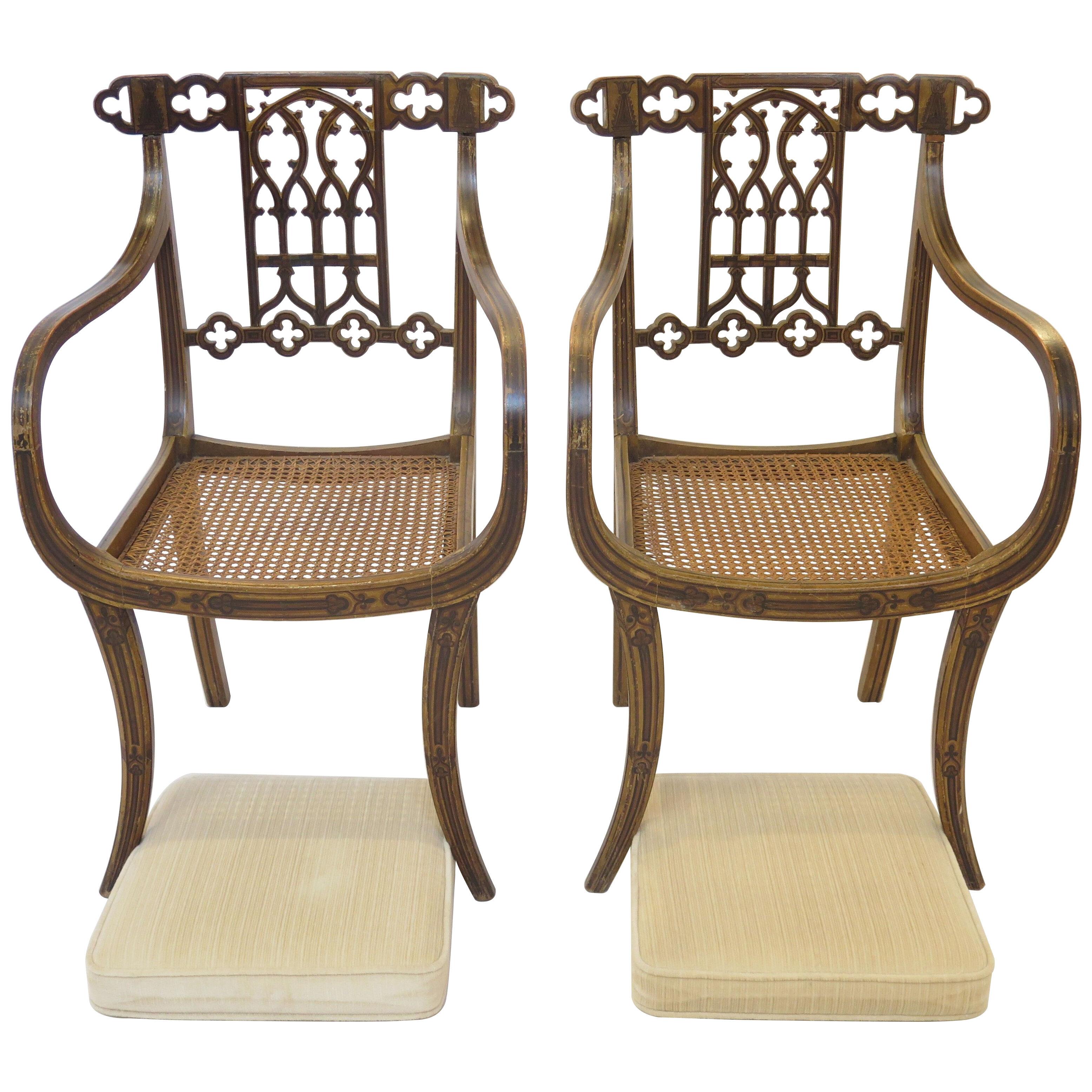 Set of Four (4) Regency Faux-Painted Arm Chairs in the Gothic Taste