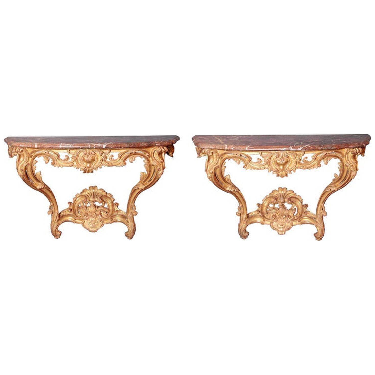 A Pair of Louis XV Period Wall Mount Console Tables, circa 1740