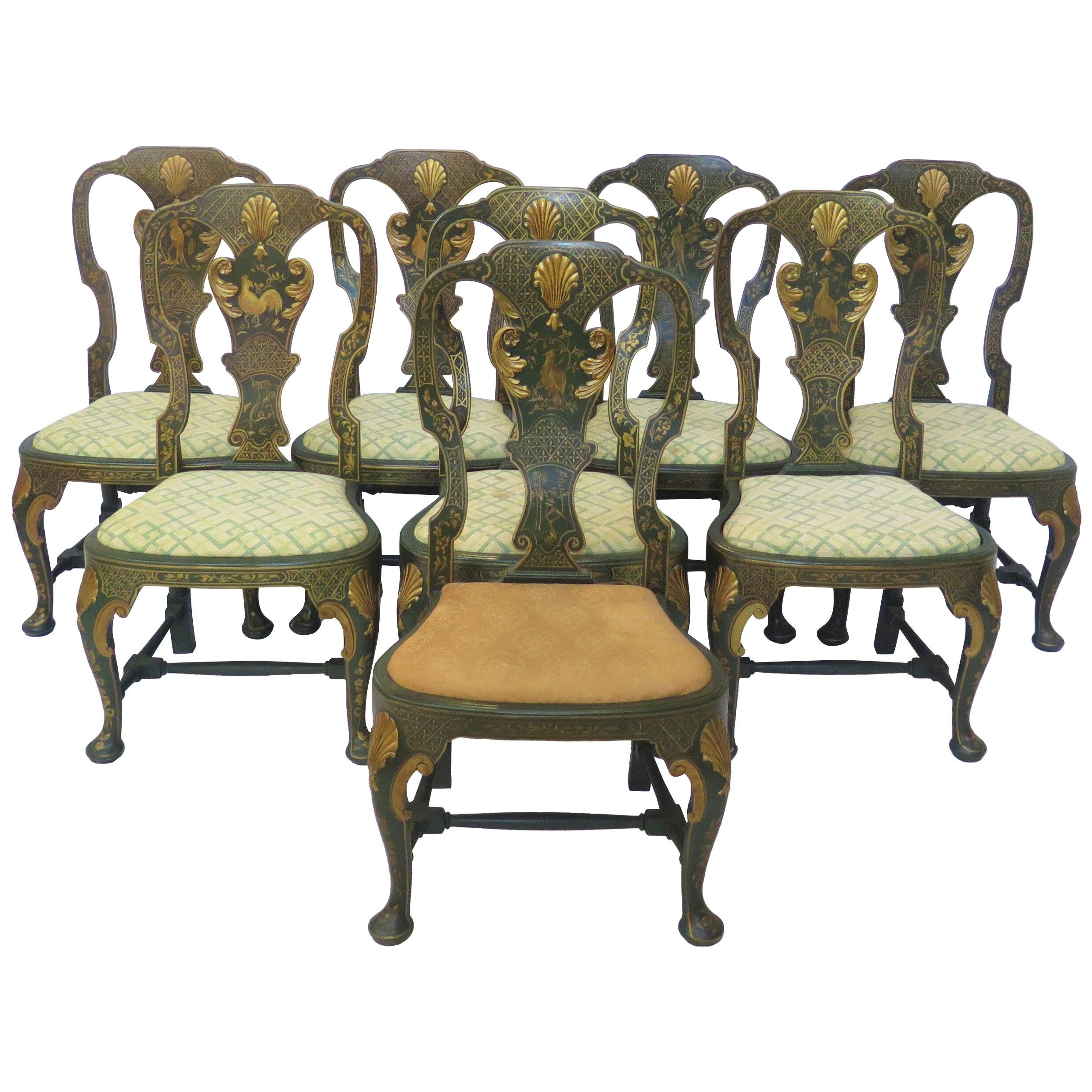 Group of Eight (8) Queen Anne-Style Chairs with Green Chinoiserie Decoration