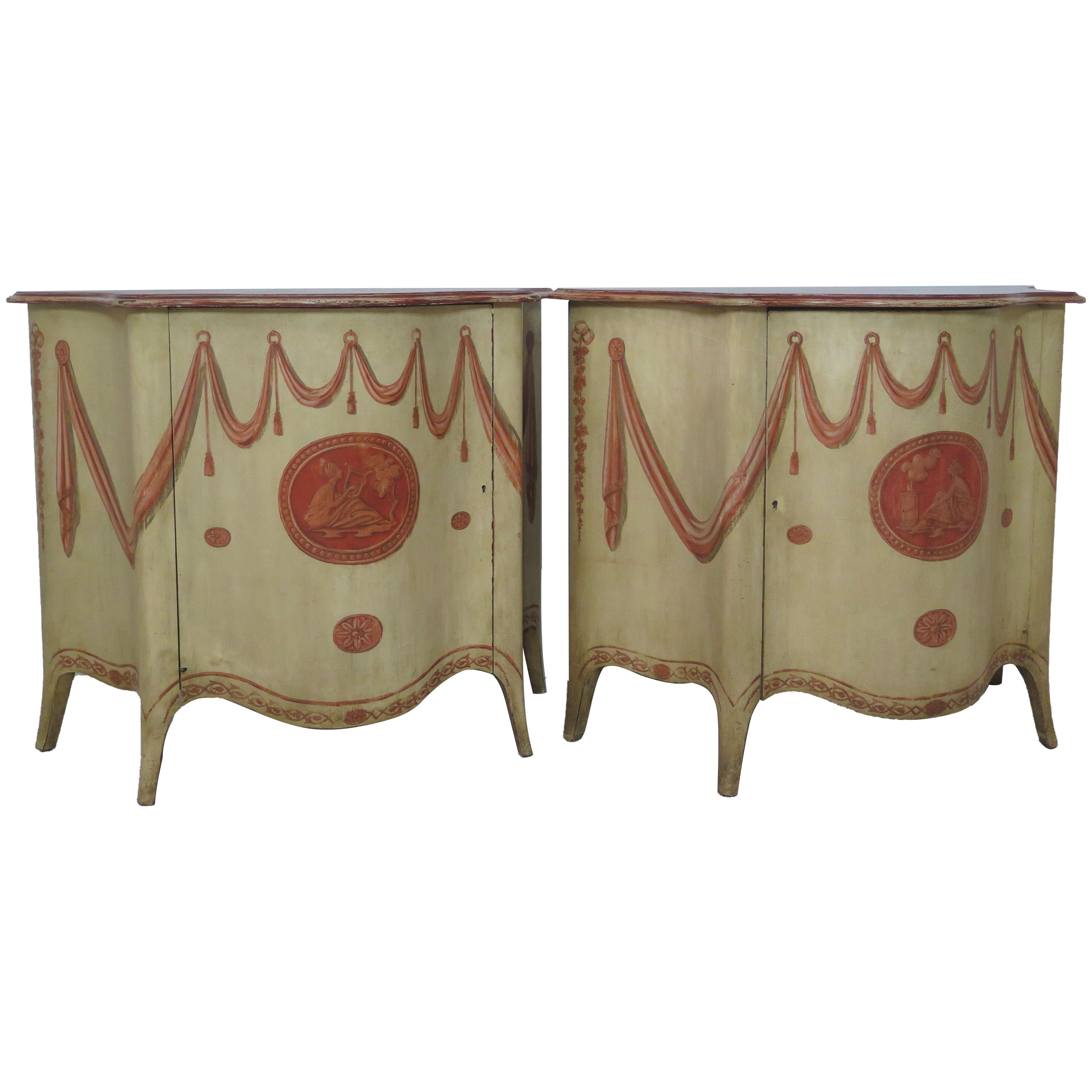 Pair of Georgian-Style Painted Grisaille Cabinets with Faux-Marble Tops
