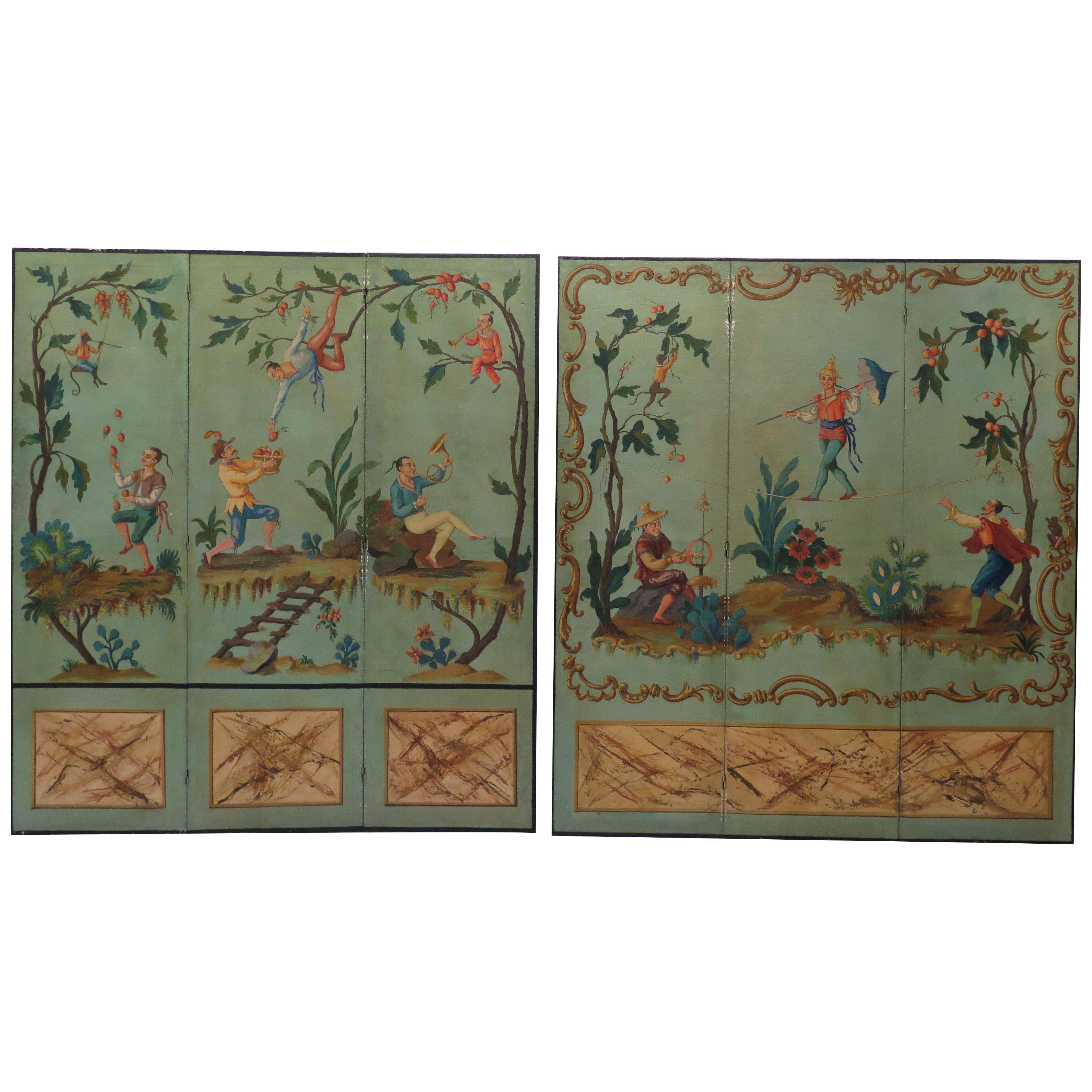 A Pair (Near) of Oil on Canvas French Chinoiserie Three-Panel Screens