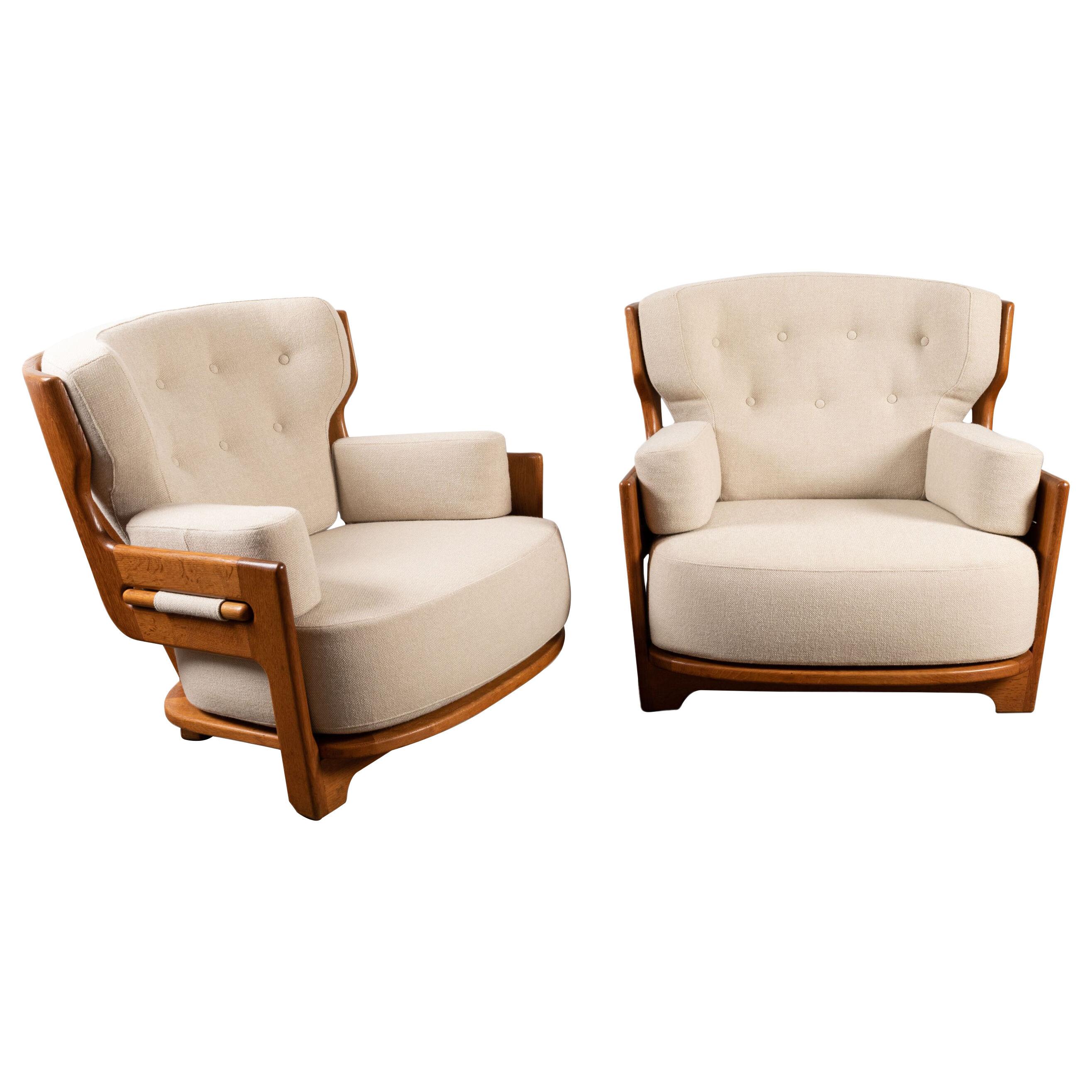 Pair of Large Oak Lounge Chairs, Guillerme et Chambron for "Votre maison"