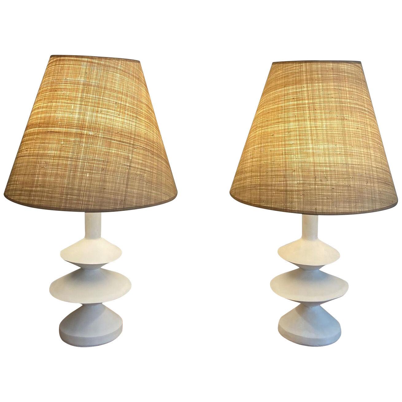 Pair of plaster lamps with raffia shades "Palma" 
