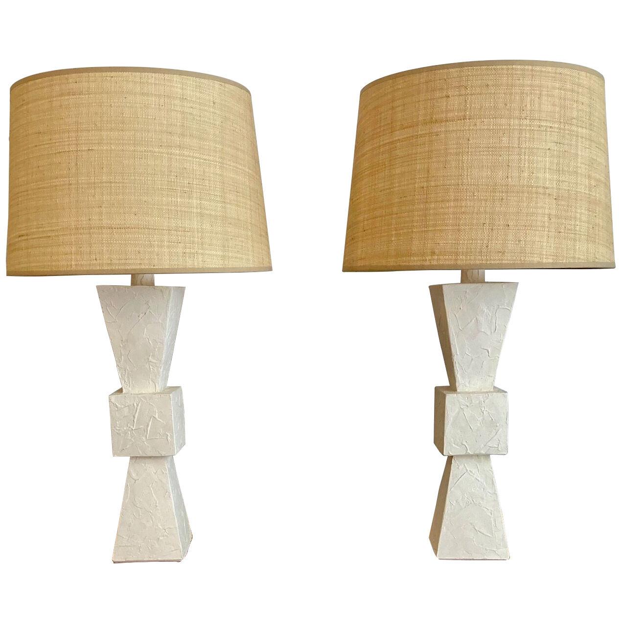 Pair of Plaster Lamps and Raffia Shades