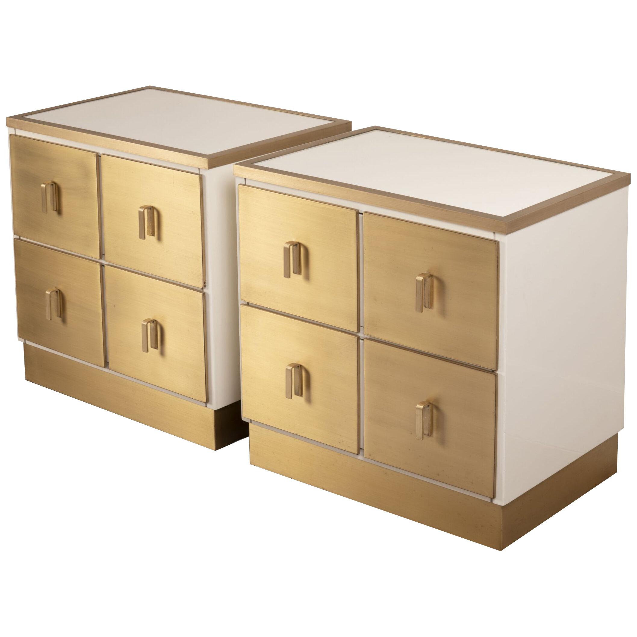 Pair of White Lacquered and Brass Nightstands, Luciano Frigerio, Italy, 1970s