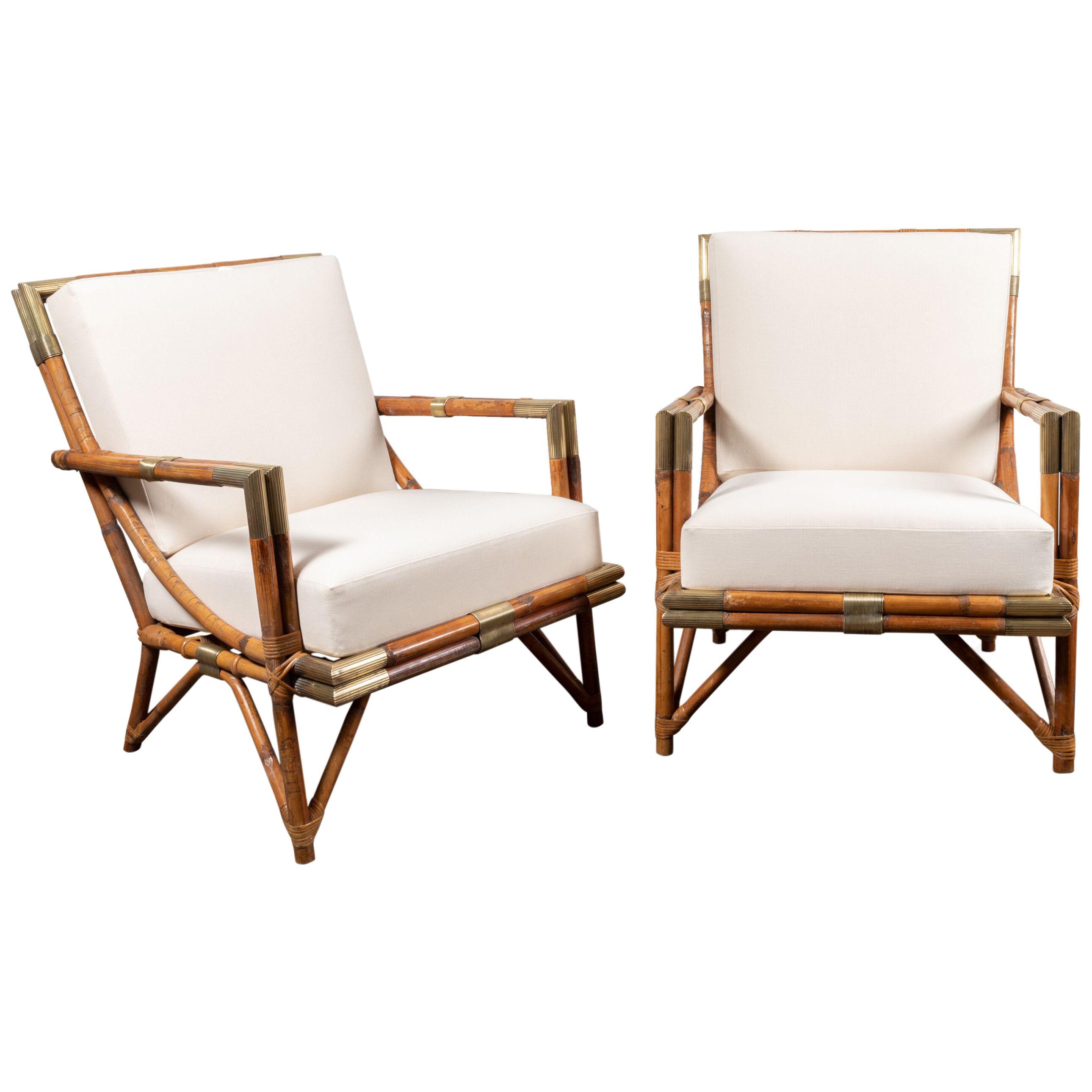 Sofa and Lounge Chairs Set in Rattan and Brass, 1950's