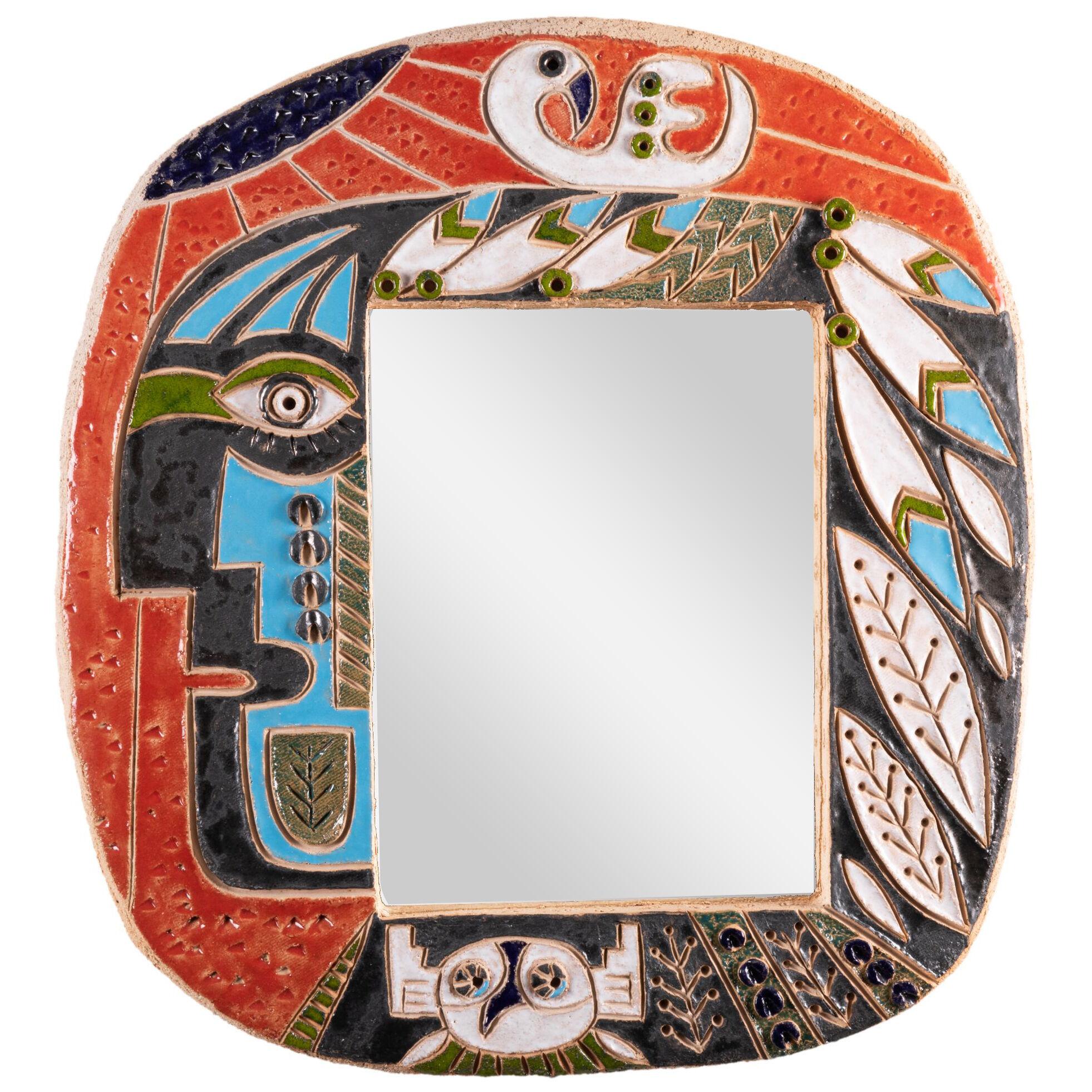  "Kachina" Ceramic Mirror by Nathalie Soufflet,a Telier Curiosa, Vallauris