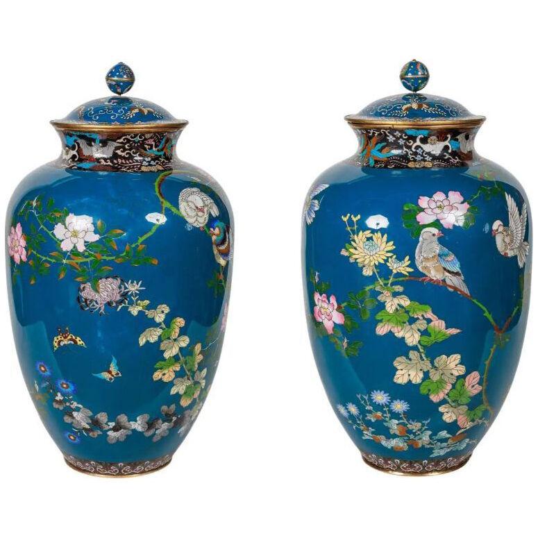 A Large Pair of Japanese Cloisonne Enamel Blue-Ground Vases and Covers, Meiji