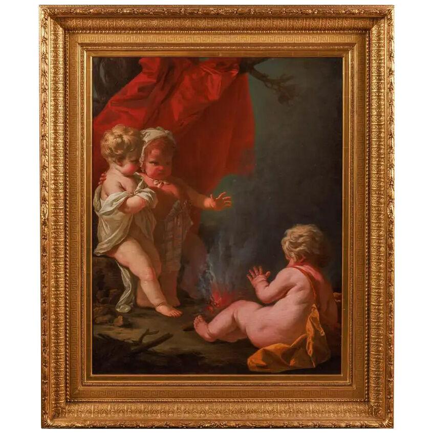 Circle of Jean Honore Fragonard (1732–1806), A Painting of Three Putti and Fire