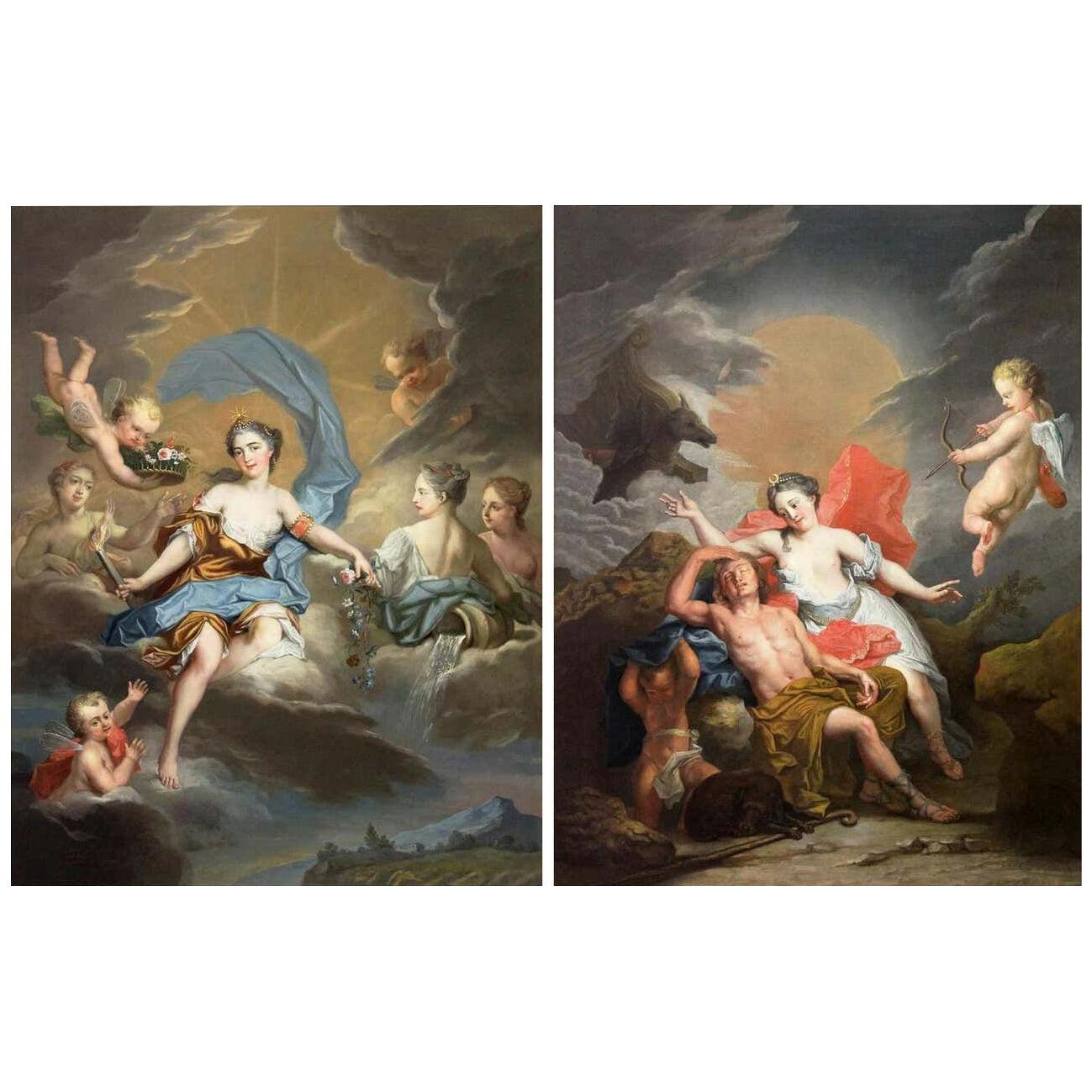 A Magnificent Pair of Allegorical Paintings "Aurora and Diana" "Night and Day"
