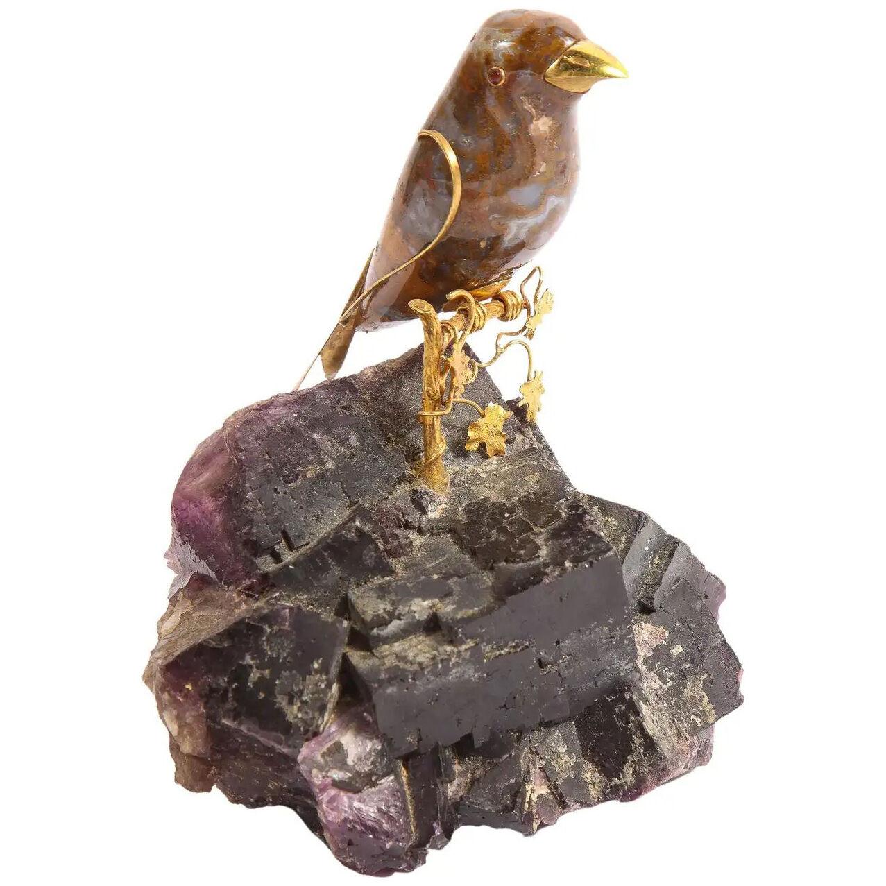 14k Gold Mounted Agate Bird on Carved Amethyst Rock
