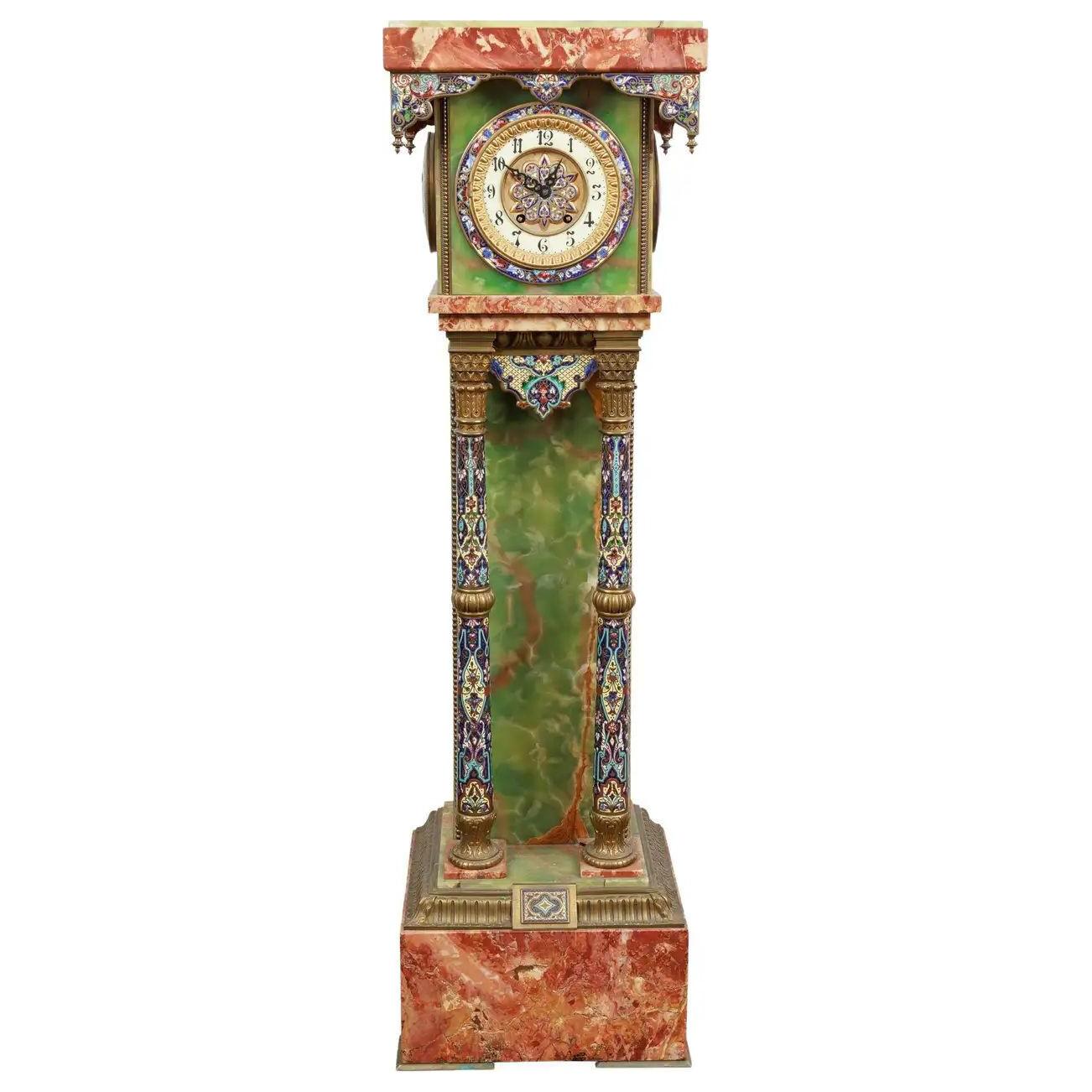 French Gilt-Bronze, Champleve Enamel, Onyx, and Marble Pedestal Clock, C. 1880