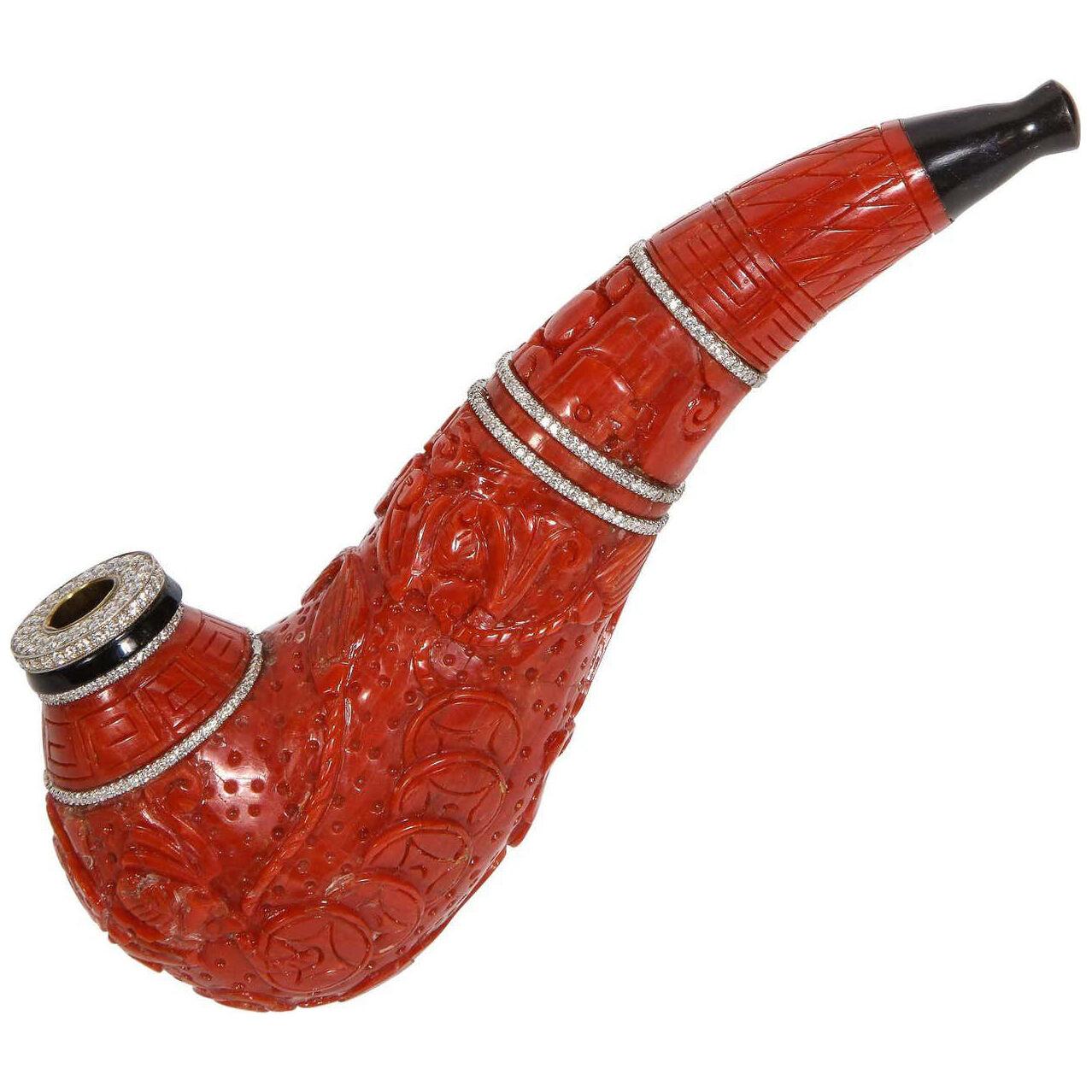 Contemporary Coral, 18k Gold, Diamonds, and Onyx Pipe