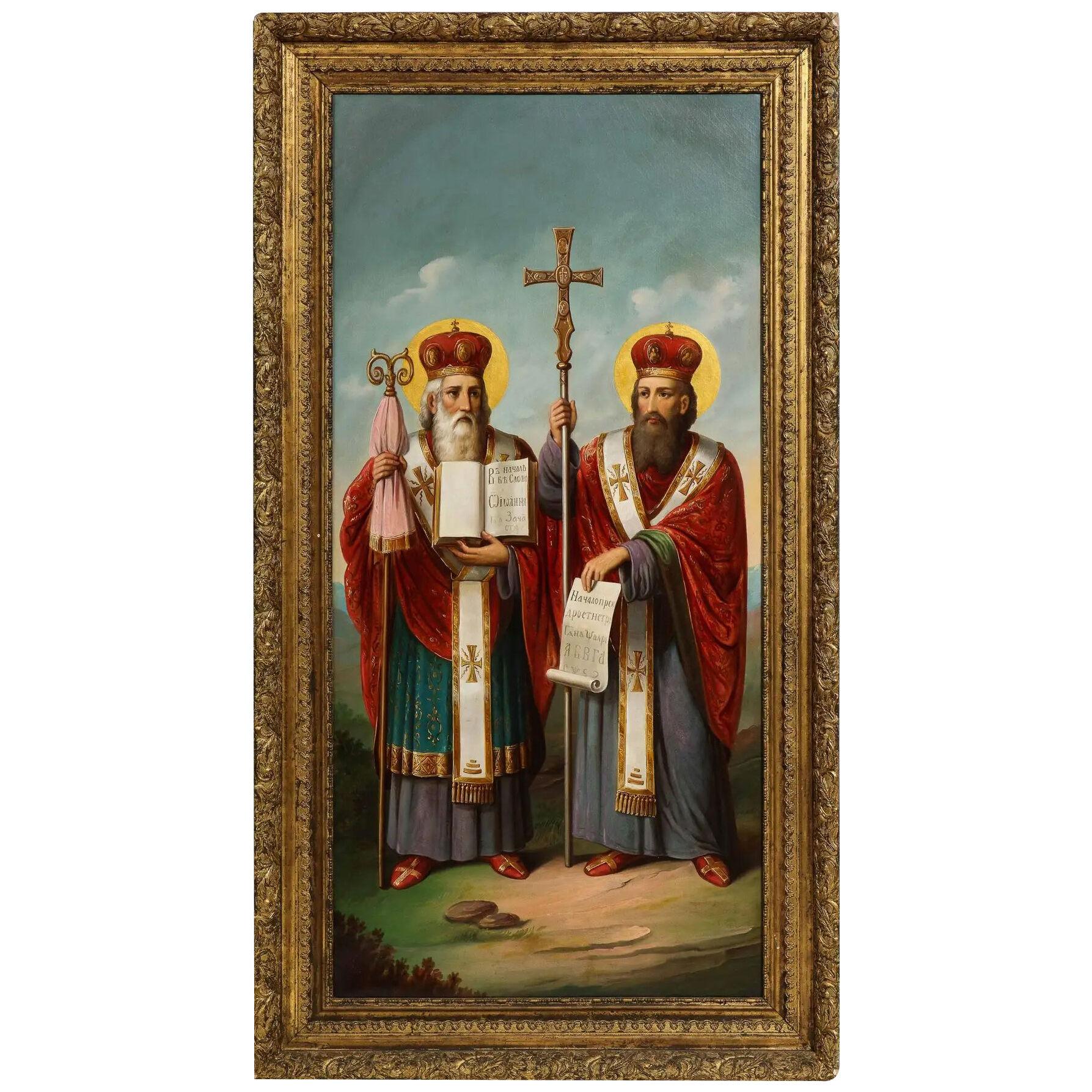 (Slavic School, 19th Century) A Large Oil Painting "Saints Cyril and Methodius"