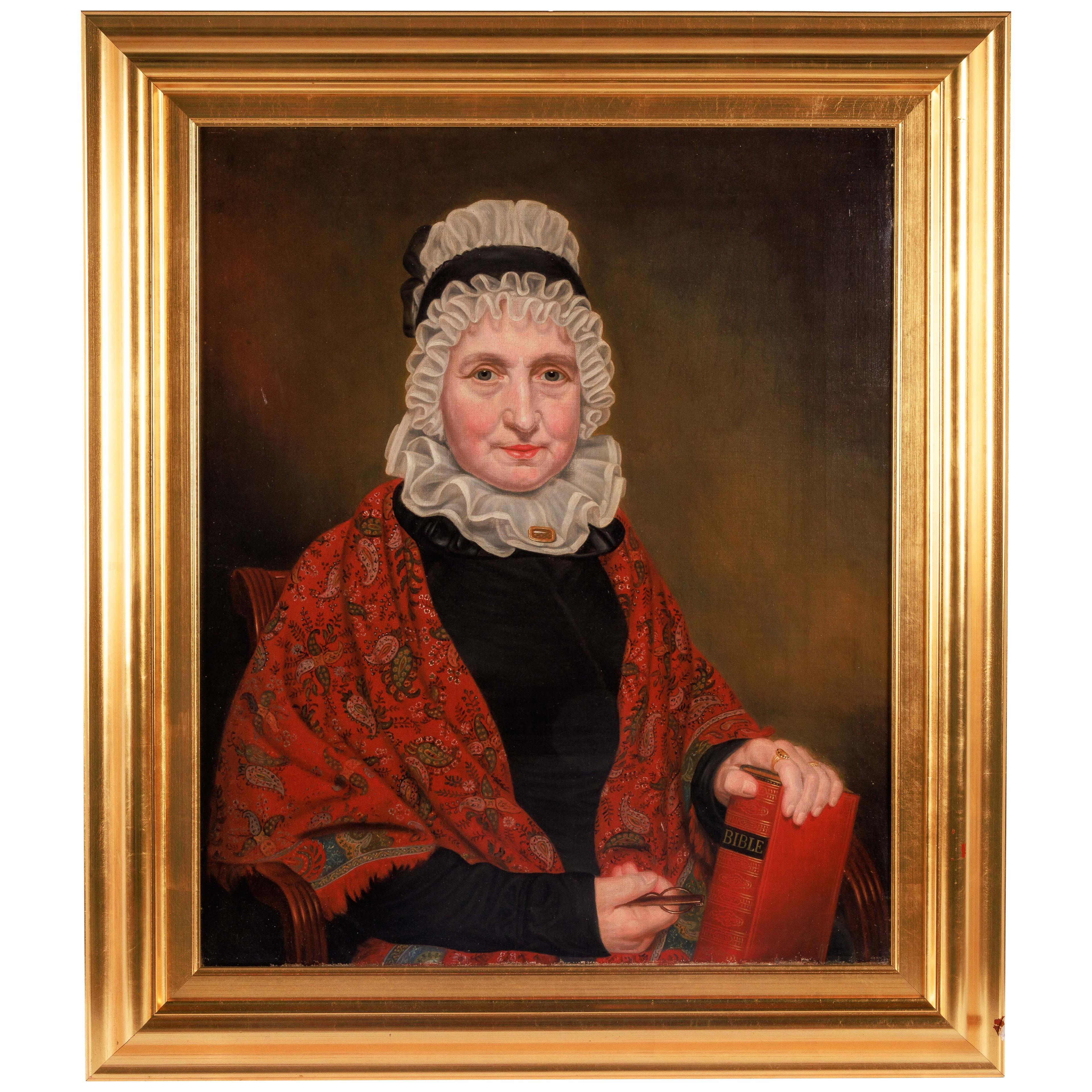 (American School, C. 1830) An Exceptional Quality Portrait "A Lady With Bible"