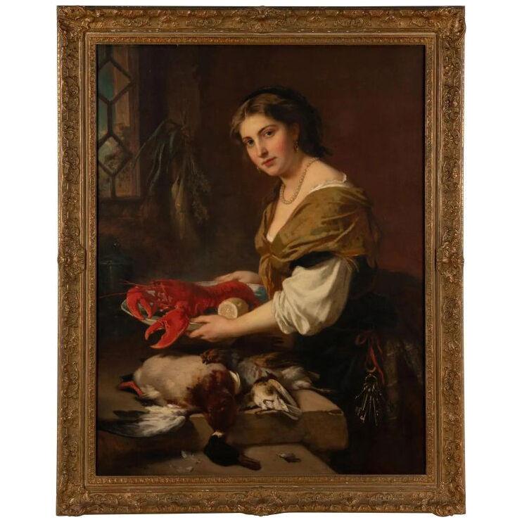 A Magnificent Oil Painting "A Dainty Bit" A Woman With Lobster and Game 1869